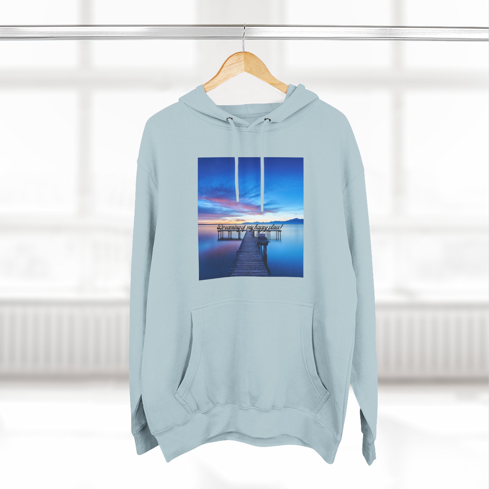 Light blue pullover hoodie with hood, drawstring, front pocket and centered lake print