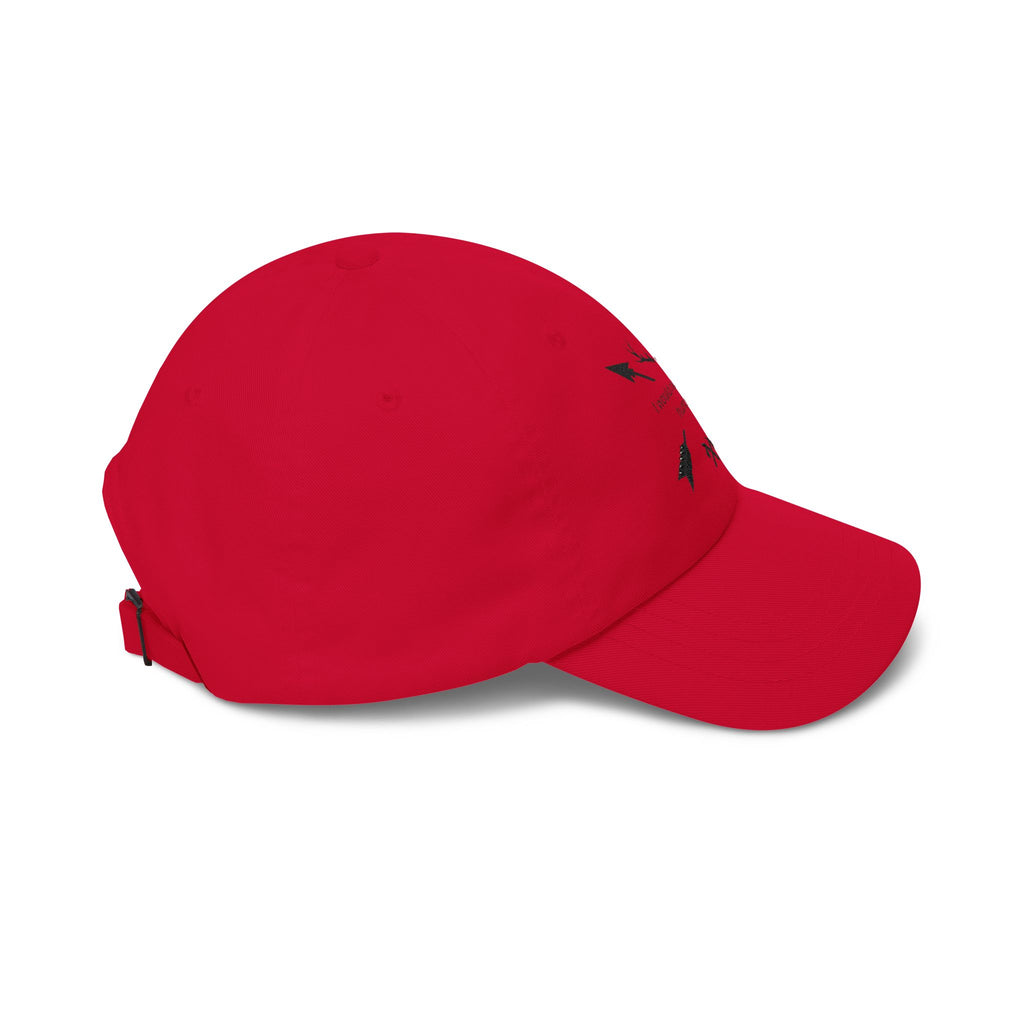 Red classic dad cap with curved brim, side arrow graphic, and adjustable strap