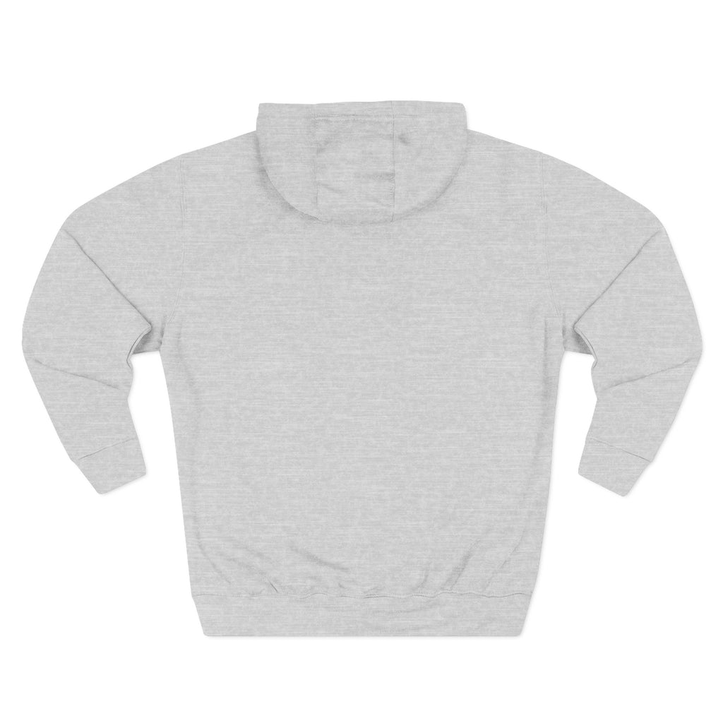 Heather grey pullover hoodie with kangaroo pocket and hood, back view