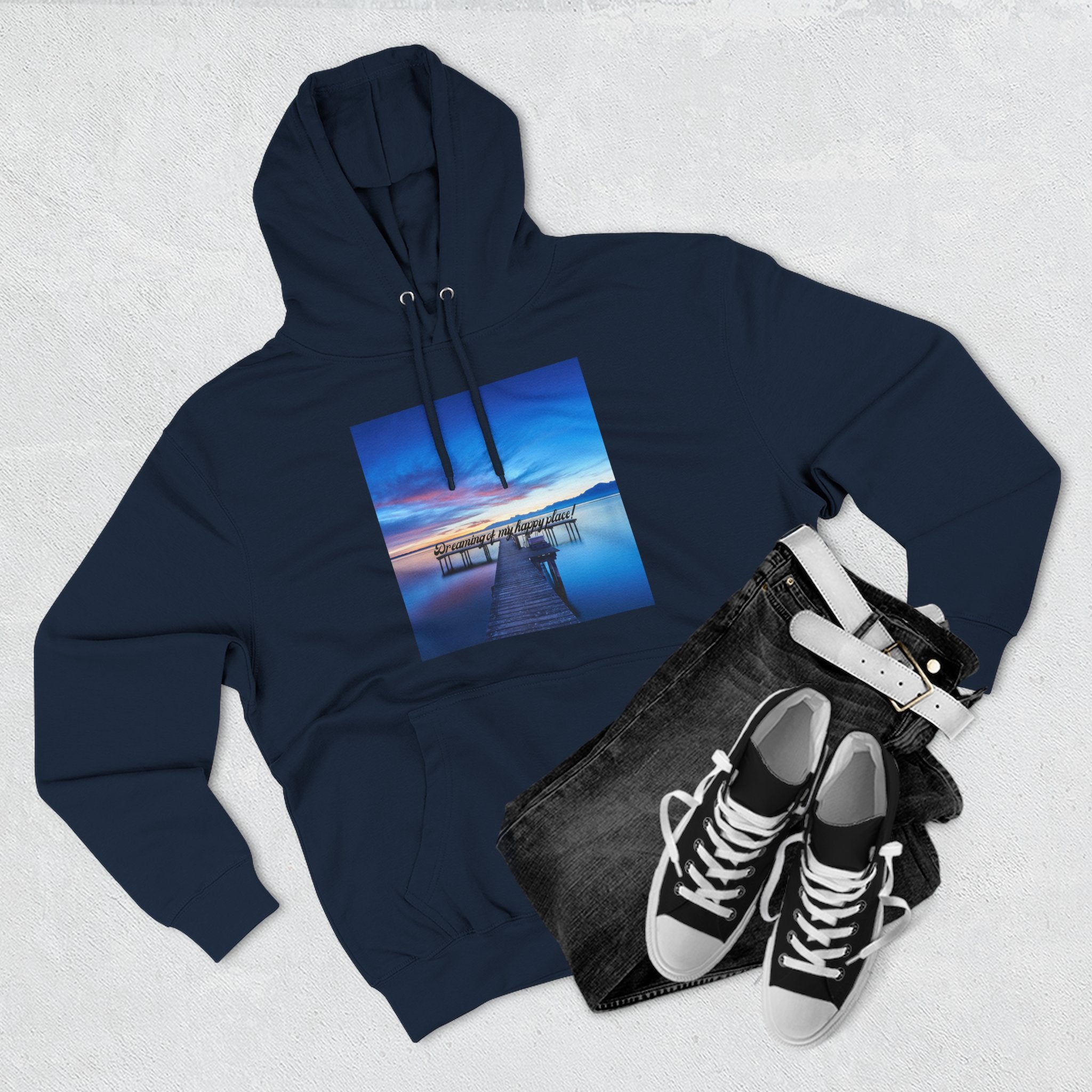 Navy pullover hoodie with hood and front pocket, dock landscape graphic on chest
