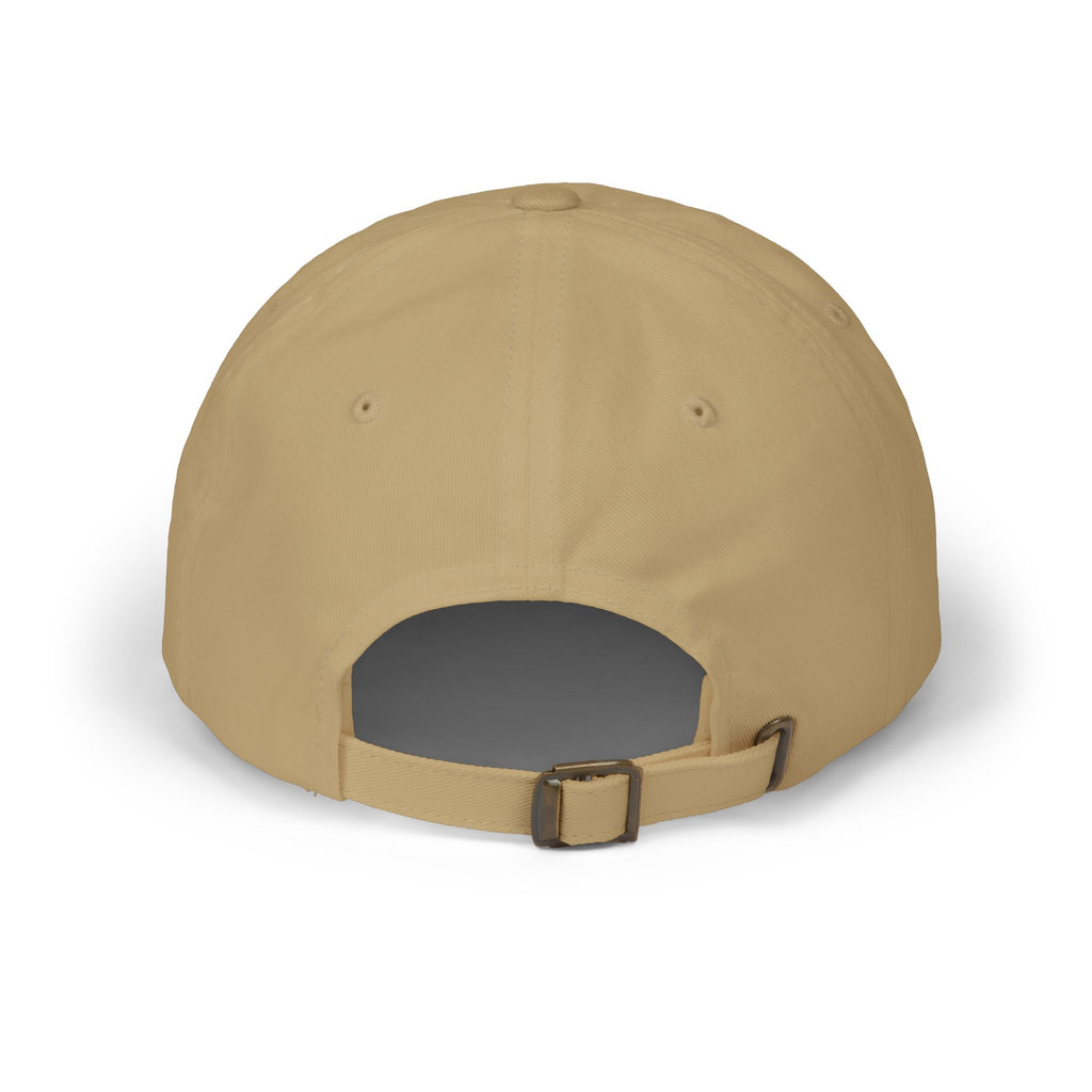 Tan dad cap with adjustable strap and dark front opening