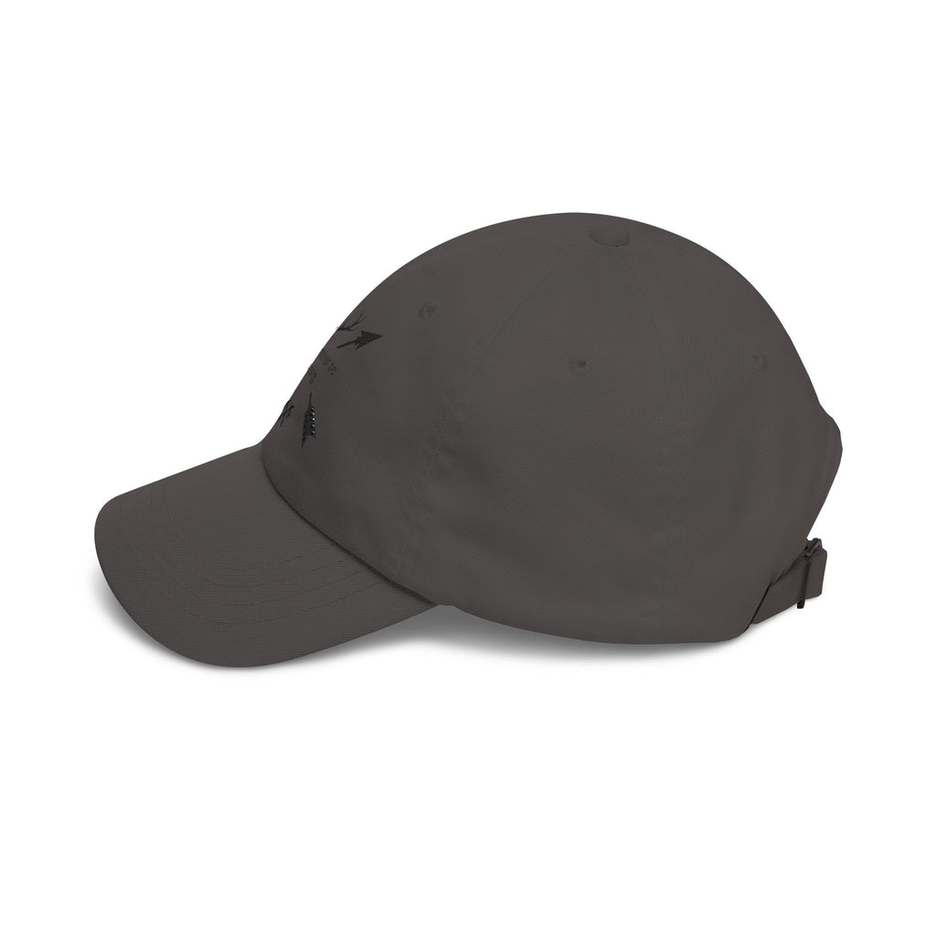 Dark grey dad cap side with small arrow graphic and tie closure