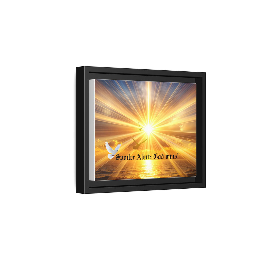 Framed matte canvas wall art showing a sunrise with radiant rays over water; black frame