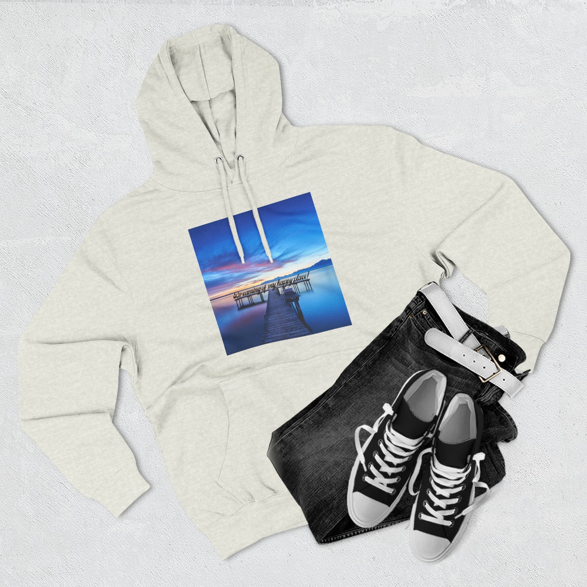 Oatmeal heather pullover hoodie with hood, drawstring, front pocket, lake dock graphic