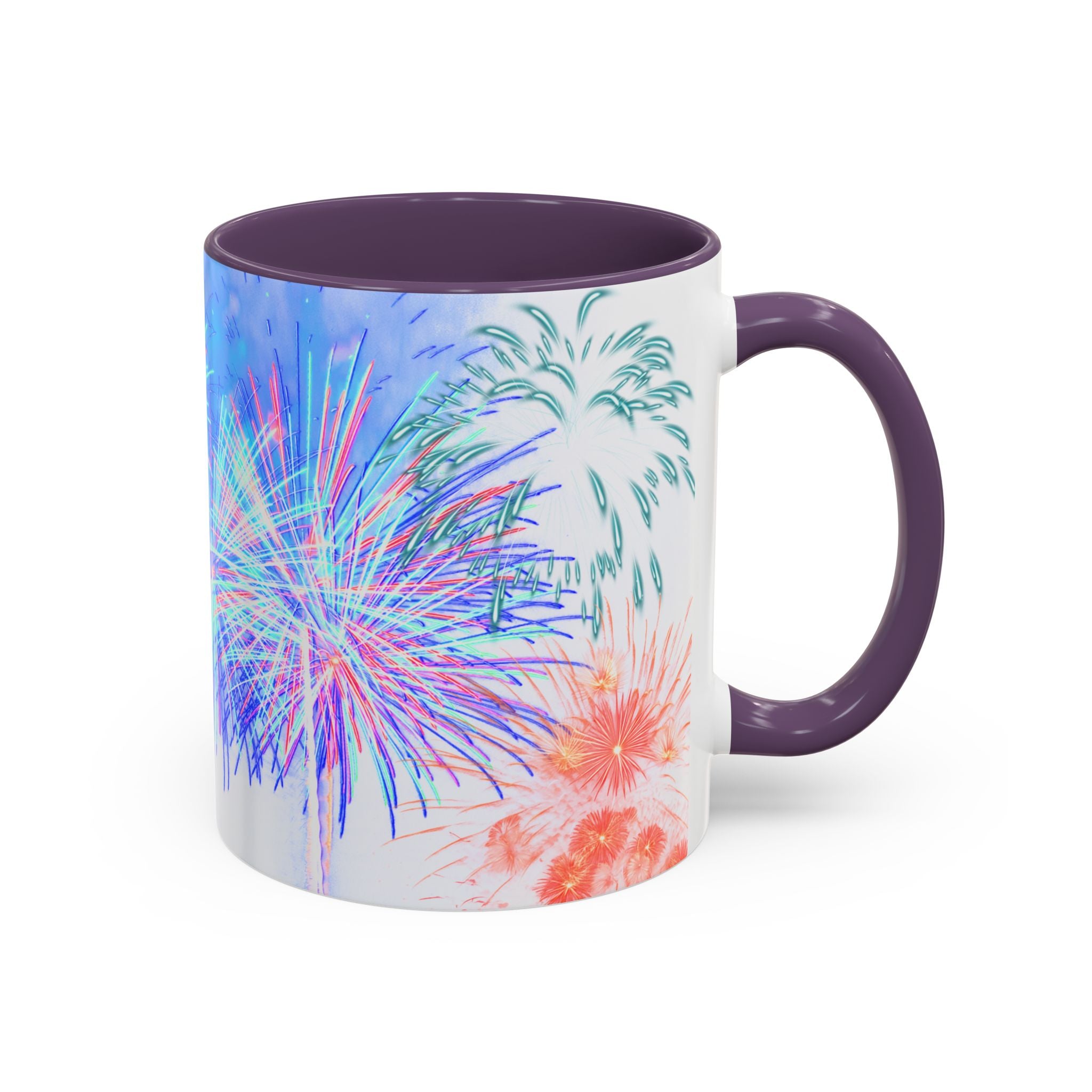 Purple ceramic coffee mug with colorful fireworks print and matching purple handle