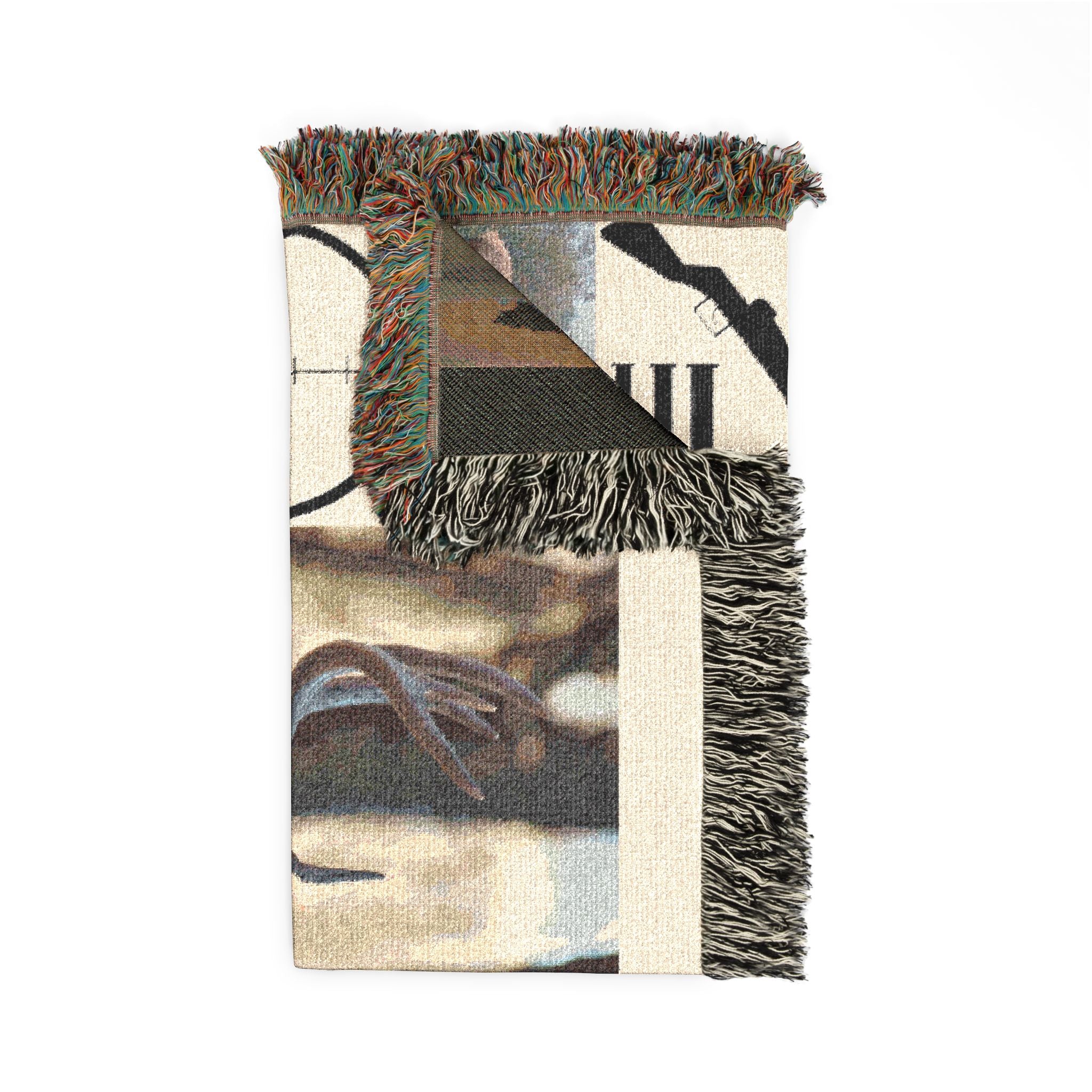 Corner view of deer hunting woven blanket with target and rifle artwork, fringed edges