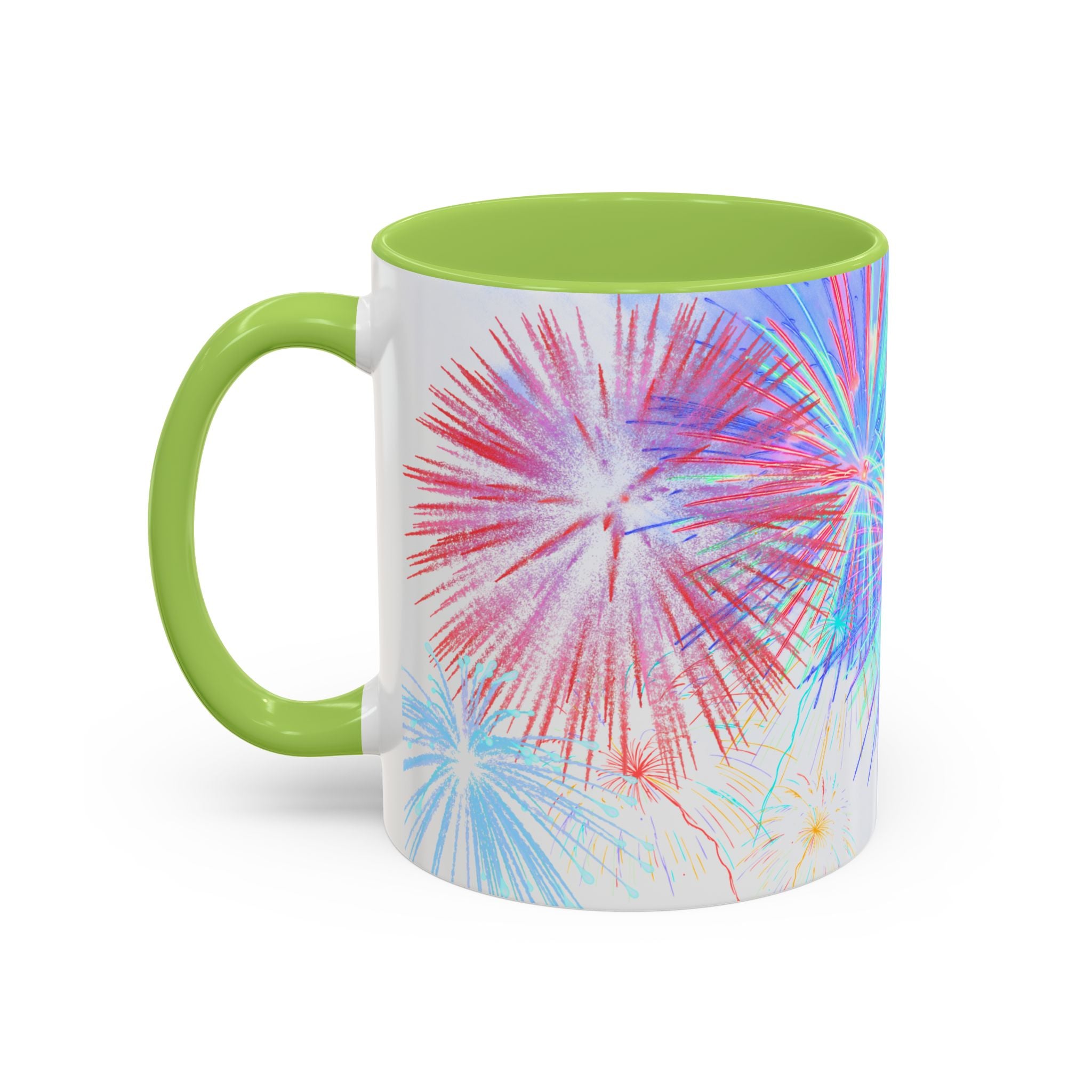 Green ceramic coffee mug with colorful fireworks print and matching green handle