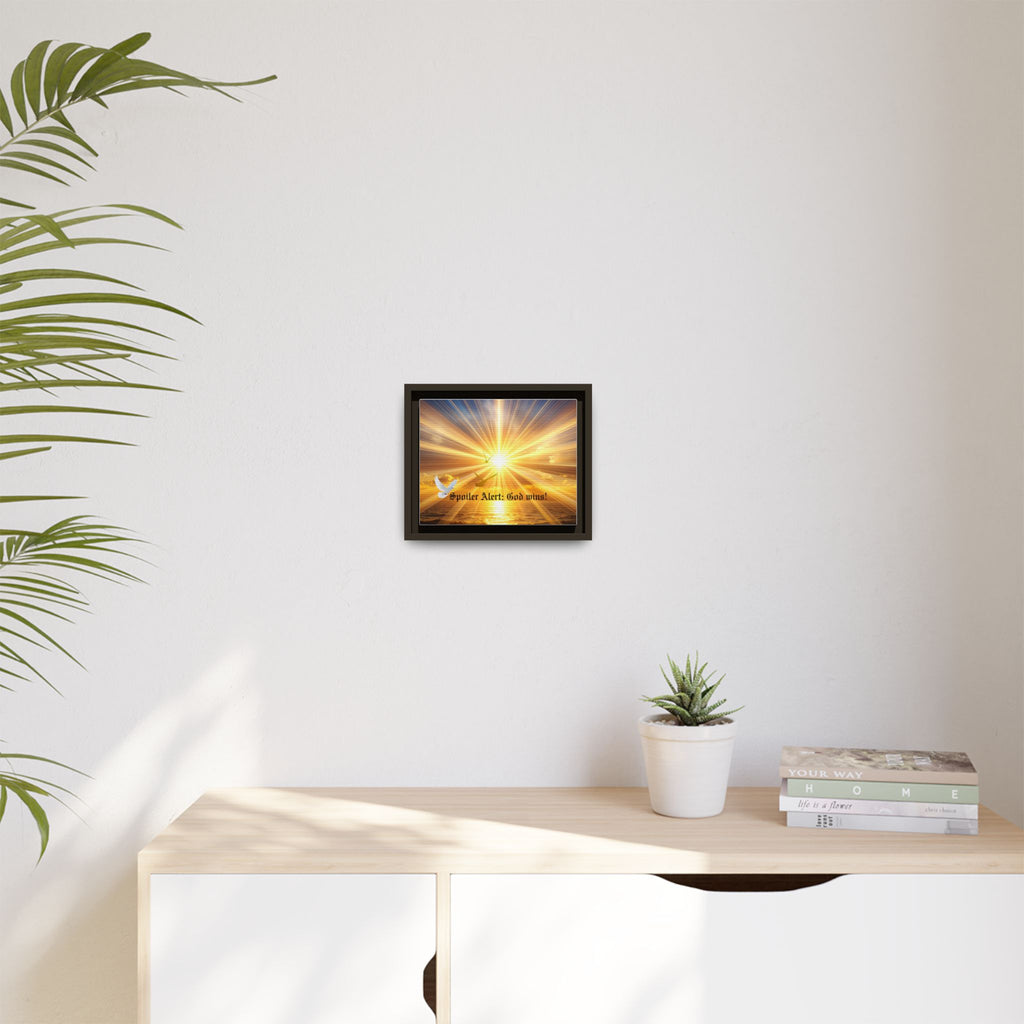 Framed matte canvas wall art with sunrise glow and radiating rays; black frame