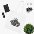 White cotton tote bag with fruit basket graphic and long handles