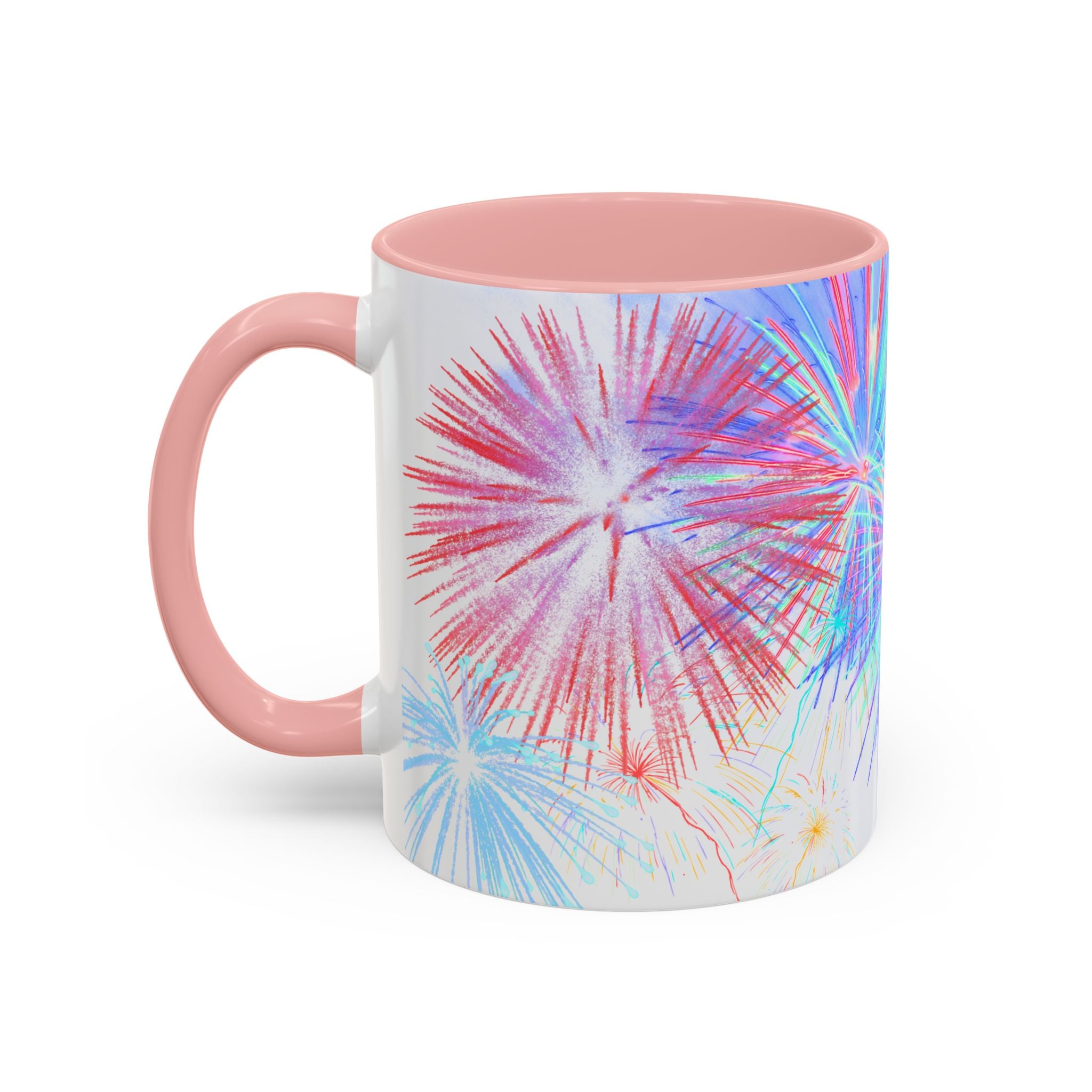 Ceramic coffee mug with pink handle, colorful fireworks print, white body, pink interior