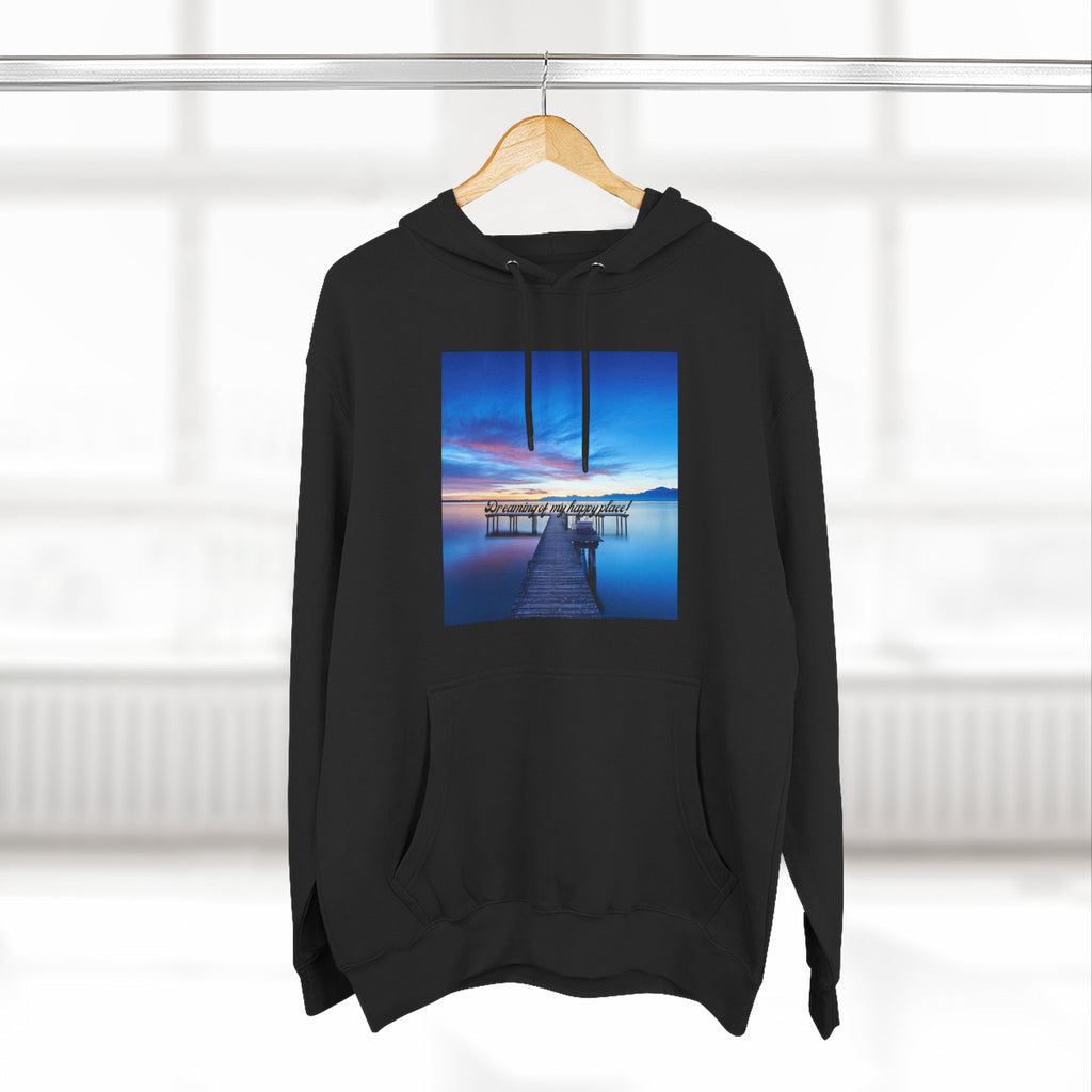 Black hoodie pullover with centered dock photo graphic; drawstring hood and front pocket.
