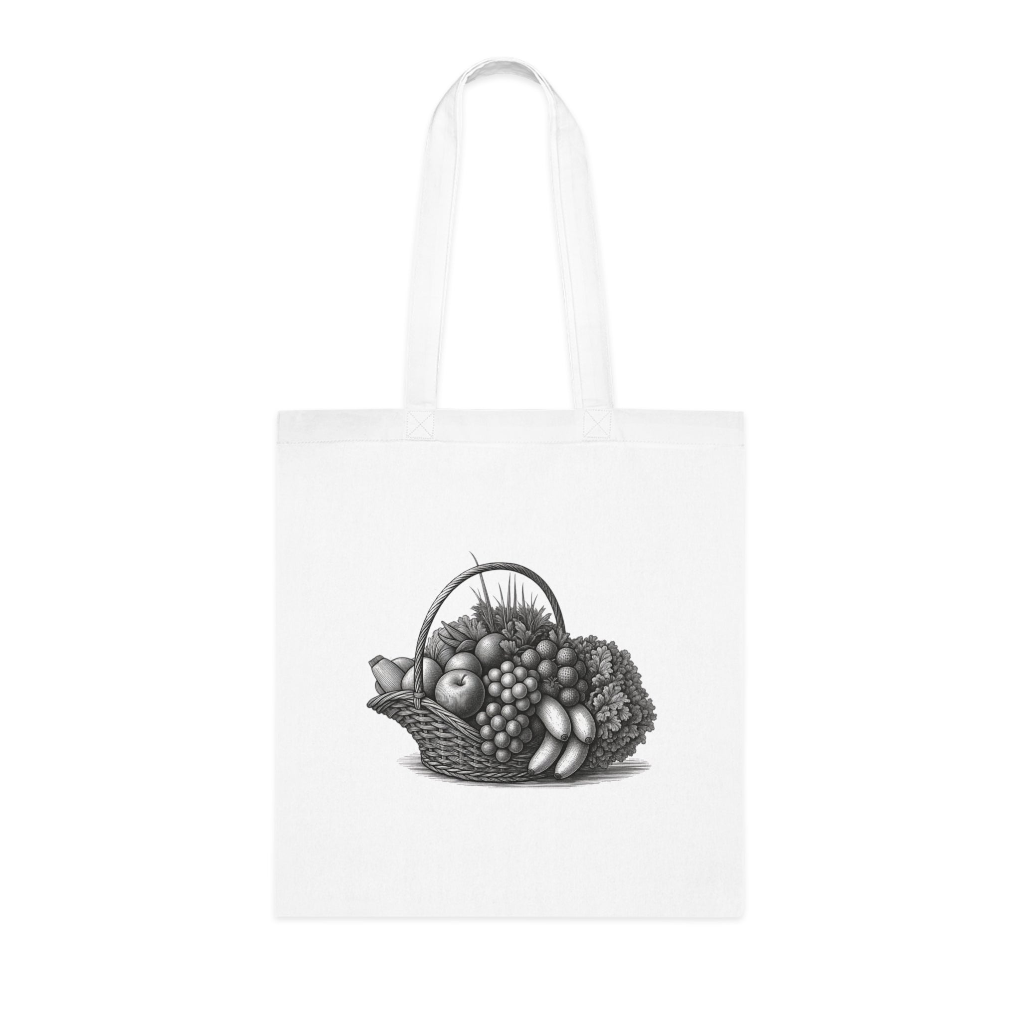 White cotton tote bag with fruit basket illustration on front