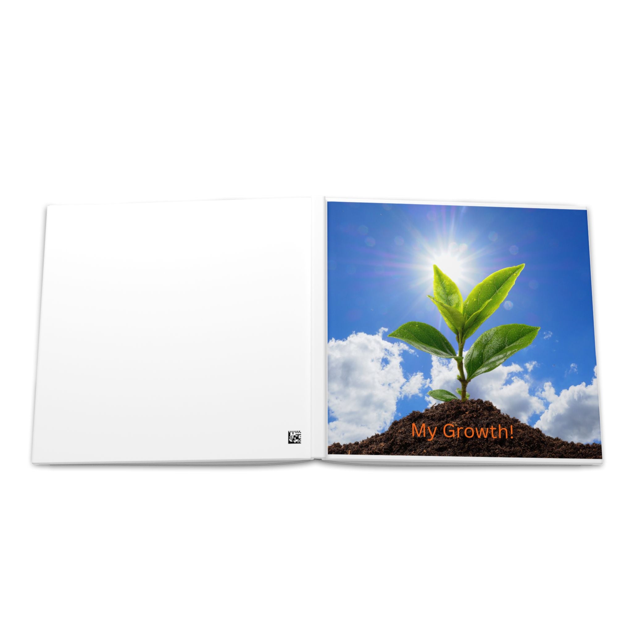Hardcover photo book open; blank left page and sapling cover art on right with “My Growth!”