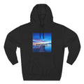 Black pullover hoodie with front photo graphic and drawstring hood