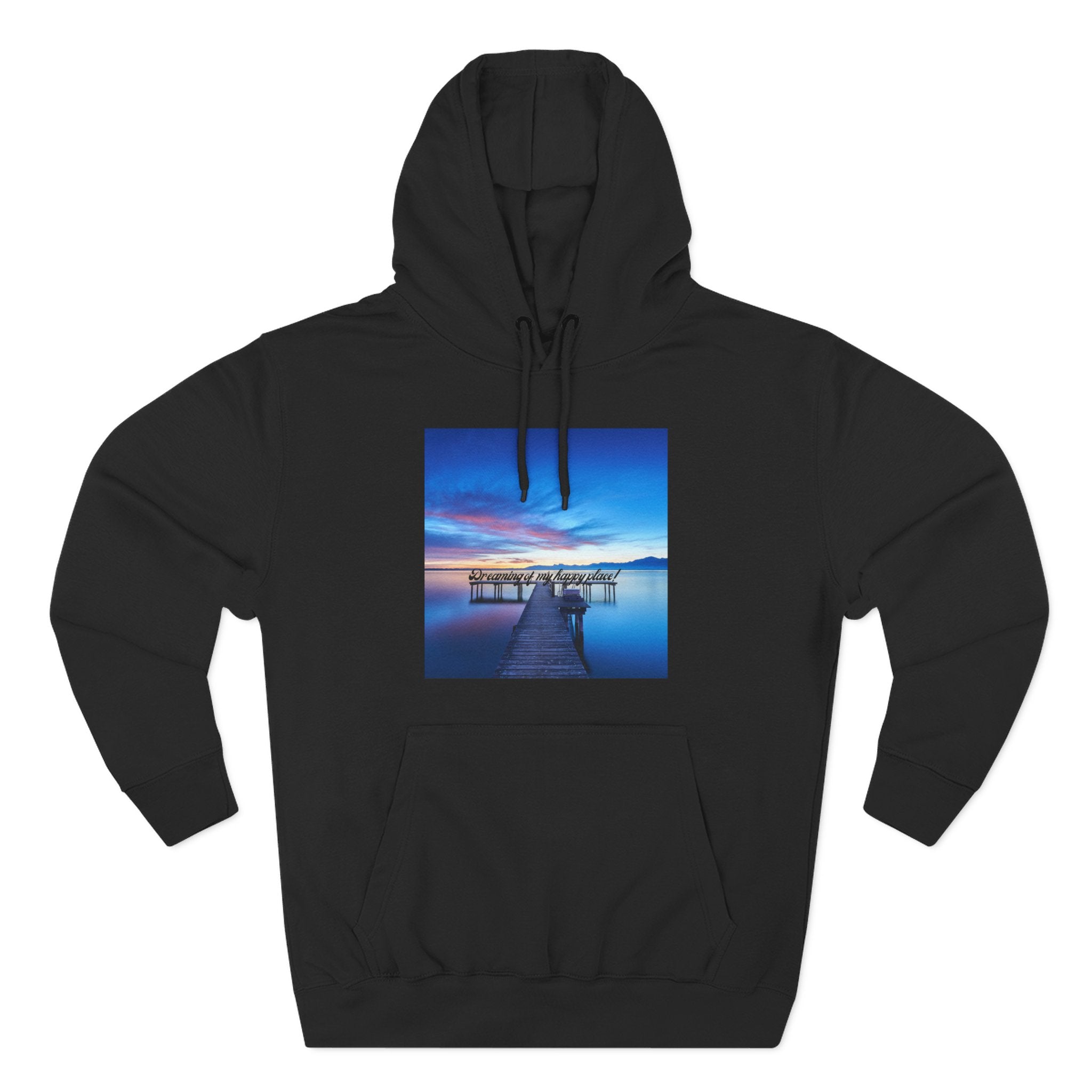 Black pullover hoodie with front photo graphic and drawstring hood