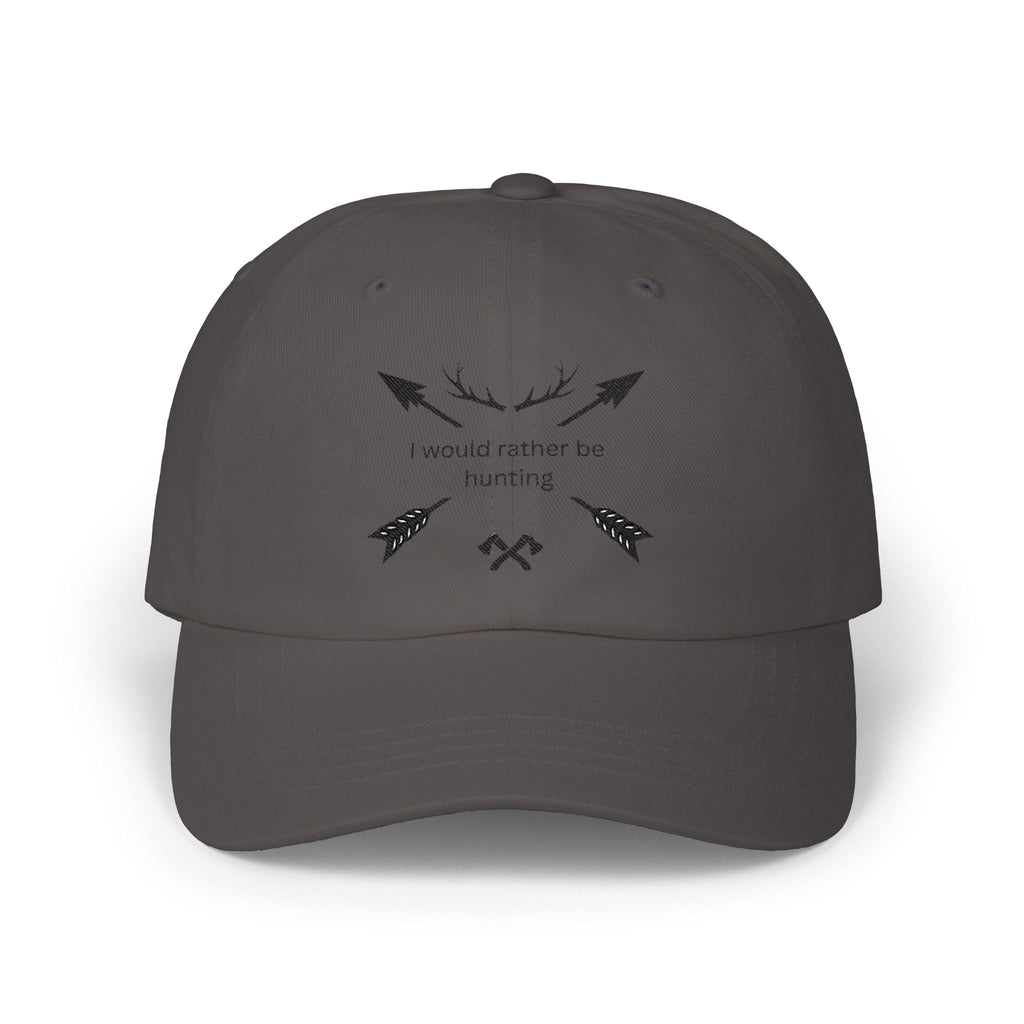 Dark gray dad cap with hunting arrow graphic and “I would rather be hunting” text.
