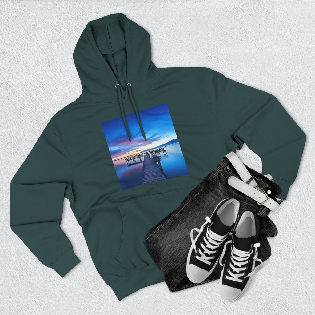 Dark green pullover hoodie with hood, drawstring, front pocket, lake dock graphic