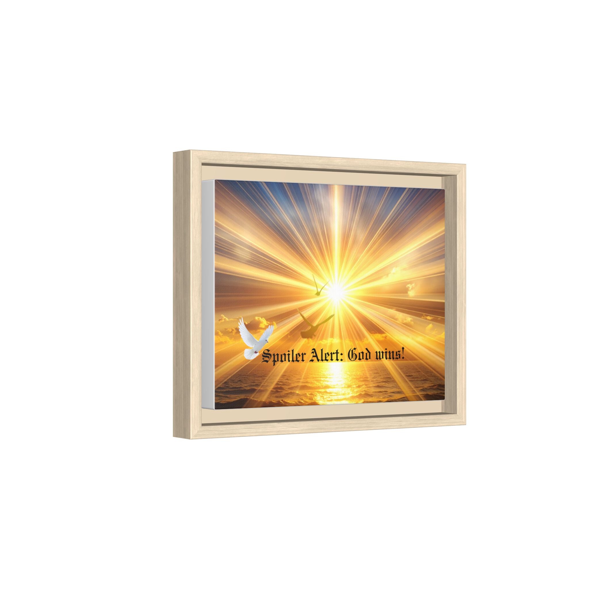 Framed matte canvas wall art with sunrise rays, dove, and "Spoiler Alert: God wins!"