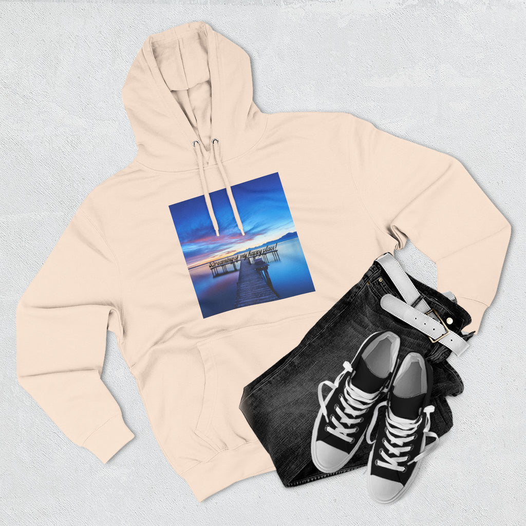 Light cream pullover hoodie with dock photo graphic on chest; drawstring hood and pocket.