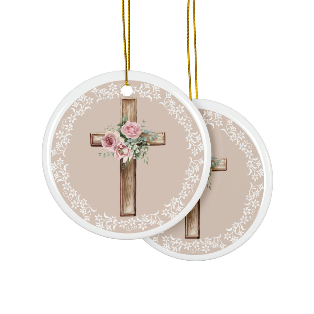 Double-sided circular ceramic cross ornament with floral bouquet on wood cross, two views