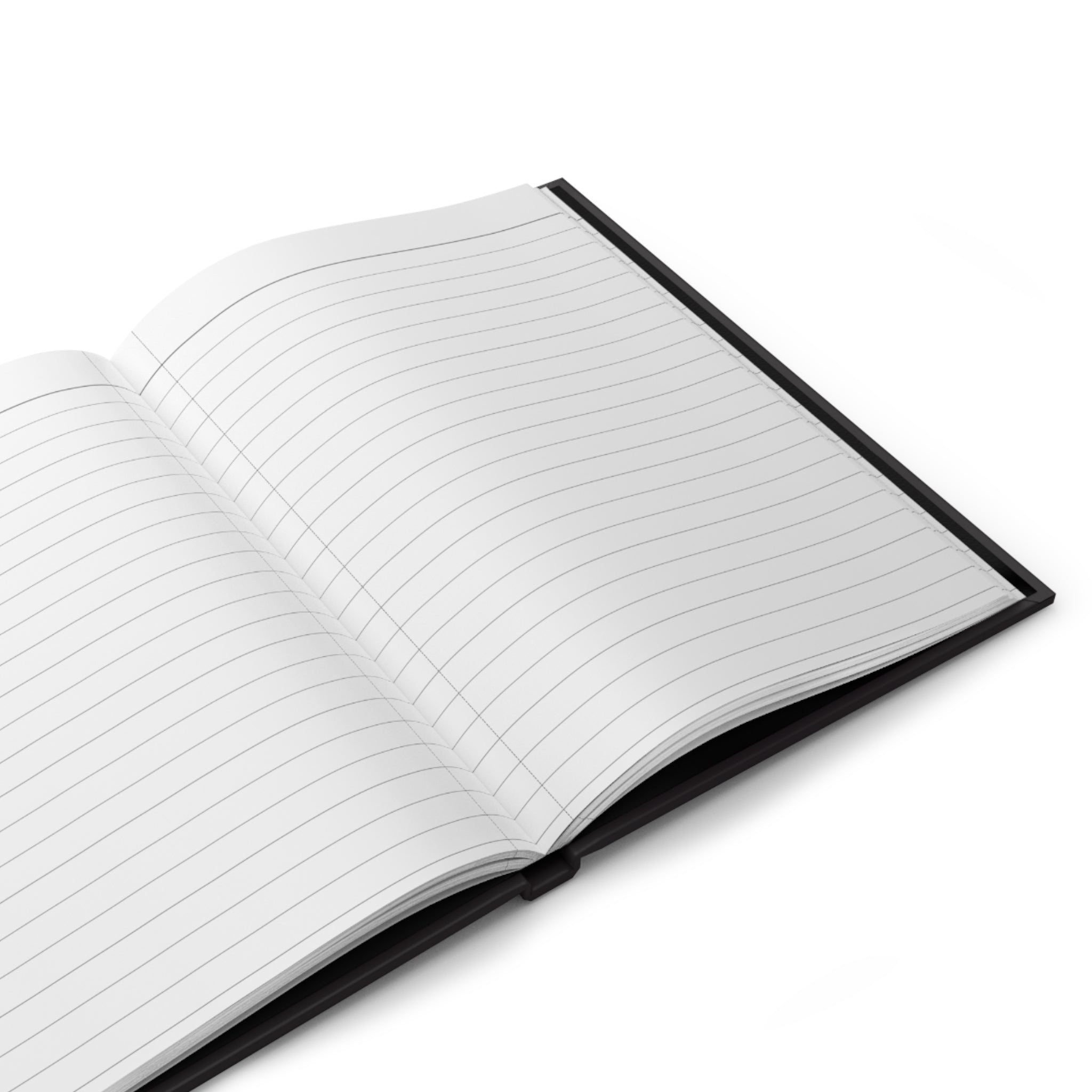 Open hardcover notebook showing ruled pages with light gray lines and margins