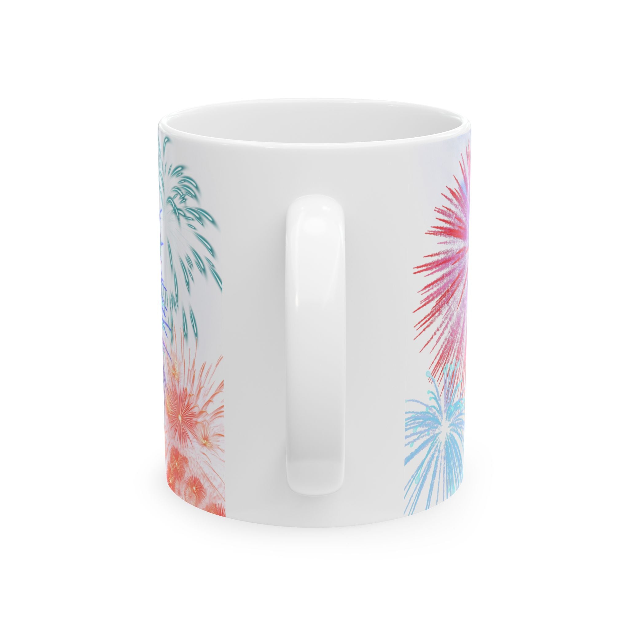 White ceramic mug with pastel fireworks design and visible side handle