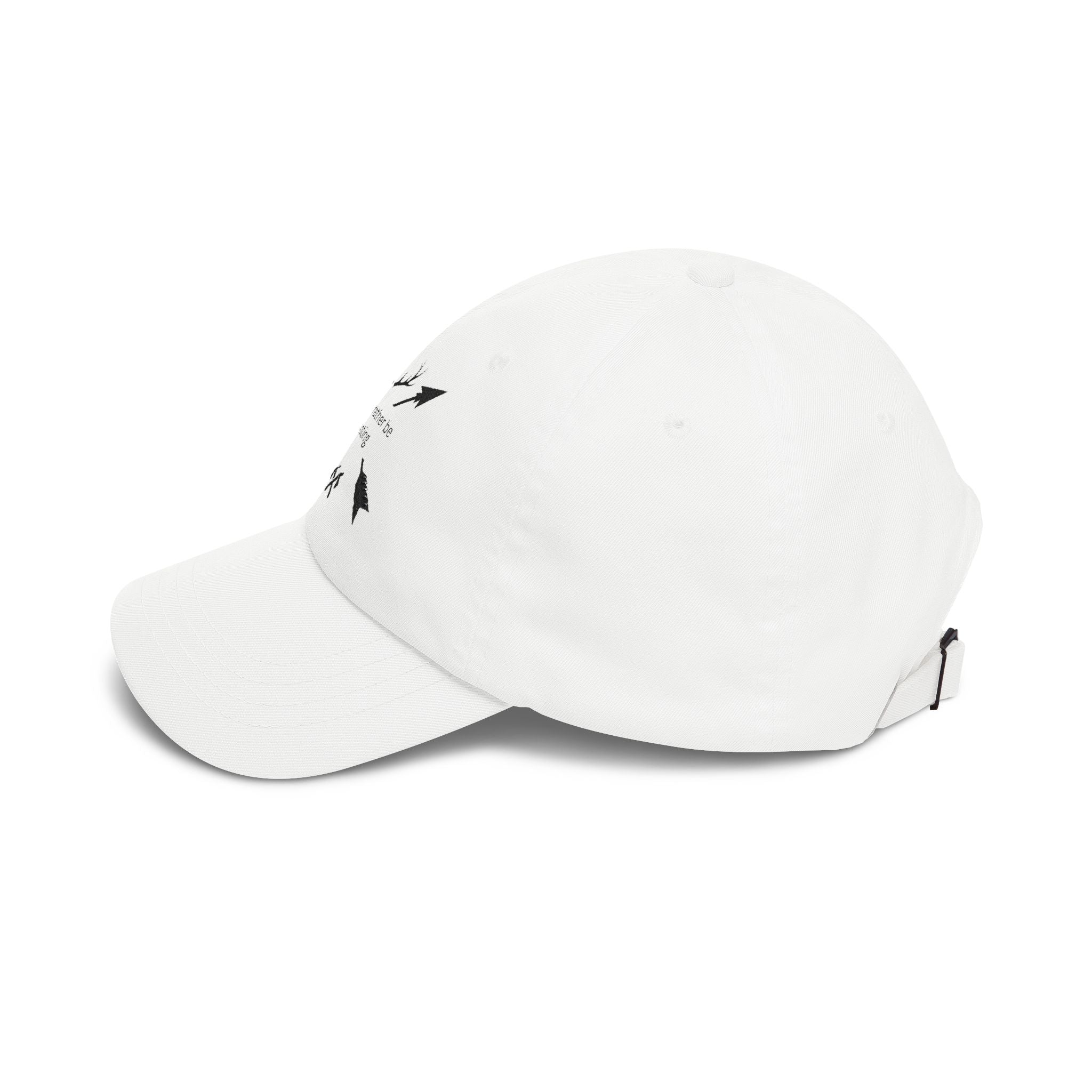 White dad cap side view with adjustable strap and back seams.