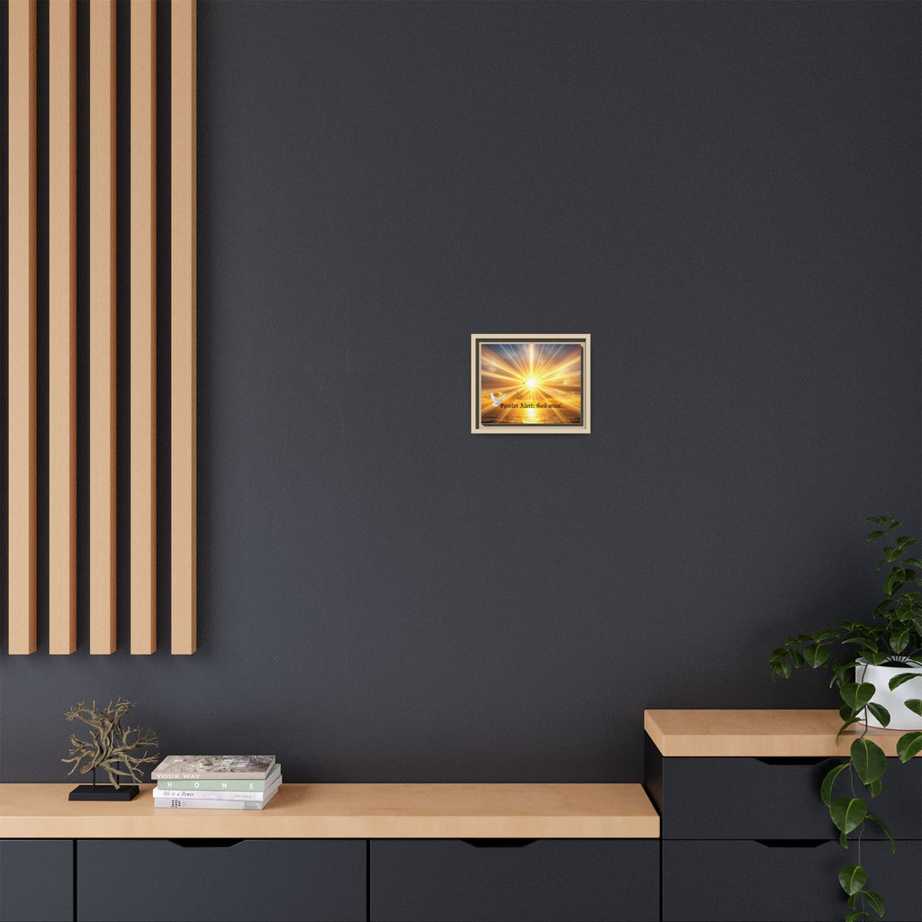 Small framed matte canvas wall art with sunrise rays, dove, and "Spoiler Alert: God wins!"