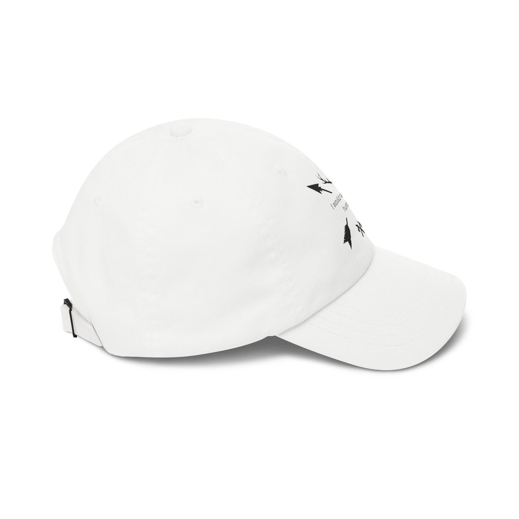 White dad cap with black arrow graphic on side panel