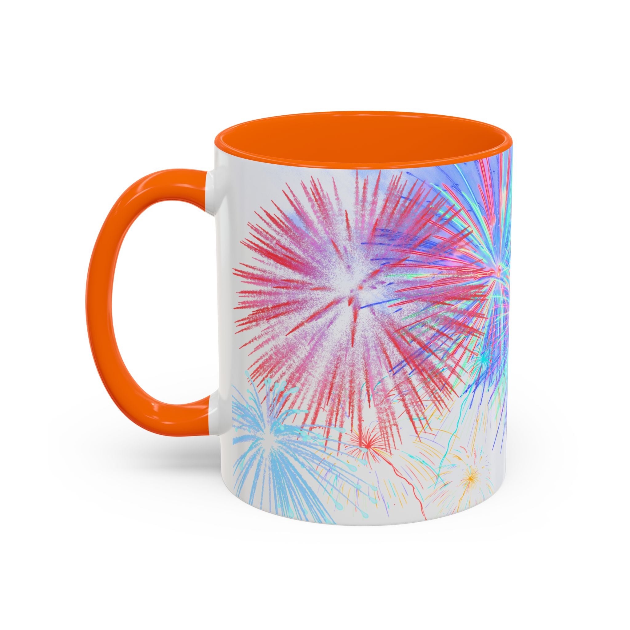 Ceramic coffee mug with orange rim and handle; colorful fireworks burst print on white body.