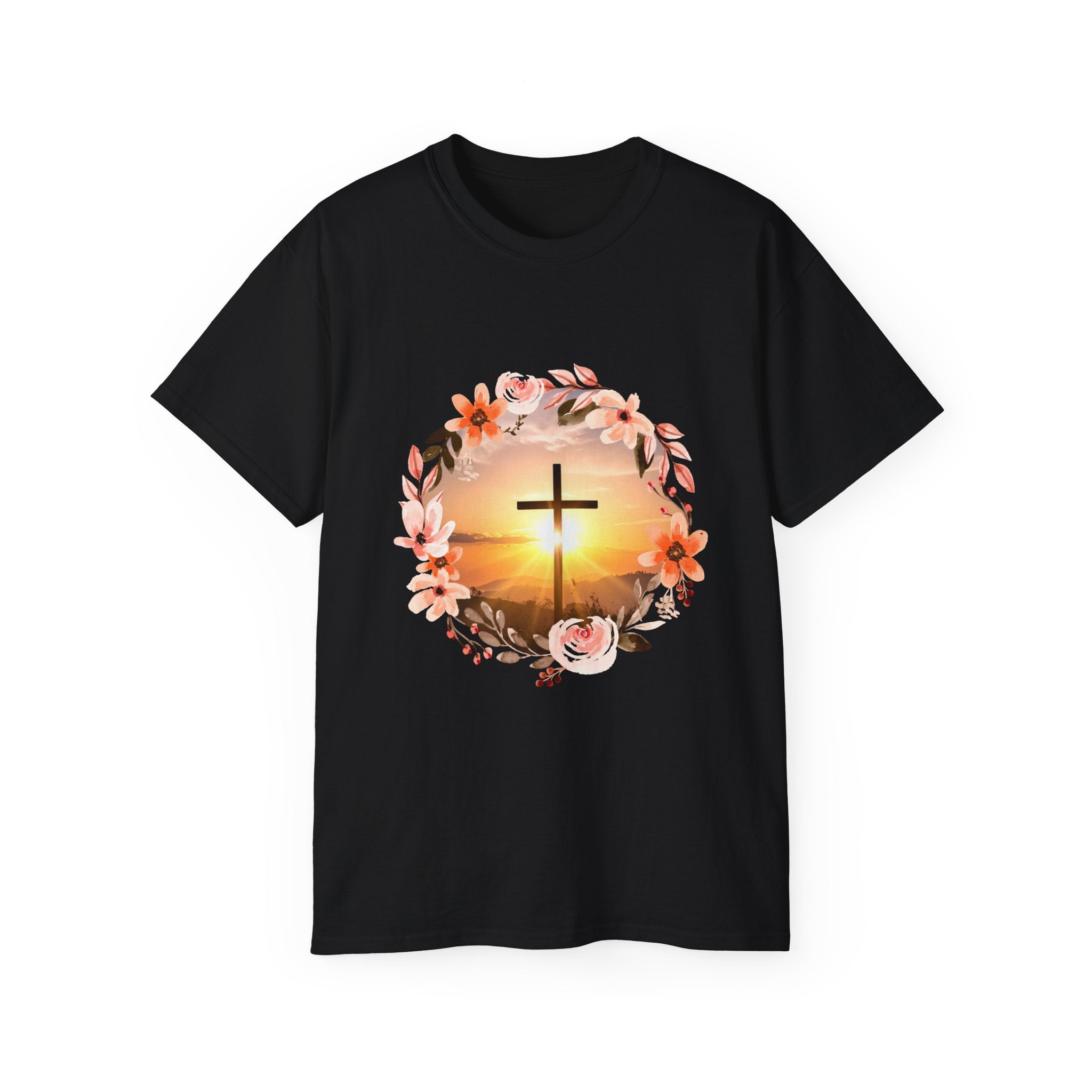 Black crew-neck T-shirt with floral wreath sunset and gold cross graphic