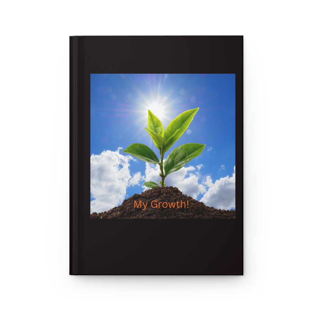Black hardcover notebook cover with green sprout image and "My Growth!" title