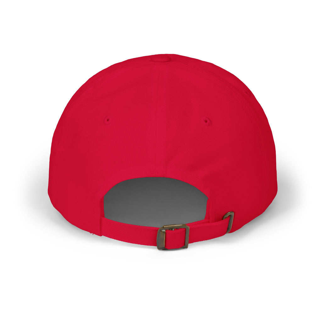 Red dad cap with front strap buckle and eyelet vents