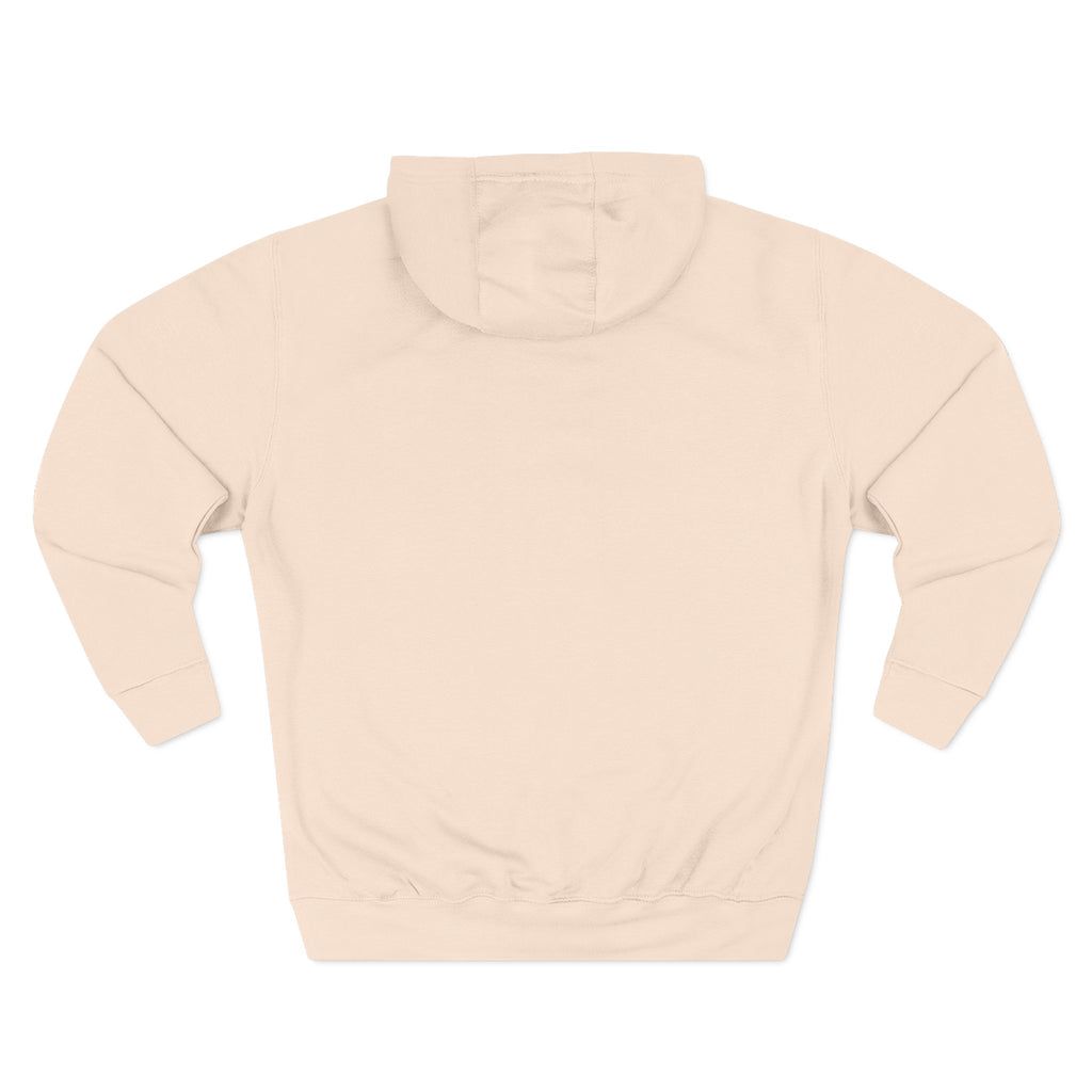 Light cream hoodie sweatshirt with hood and kangaroo pocket, plain back view.
