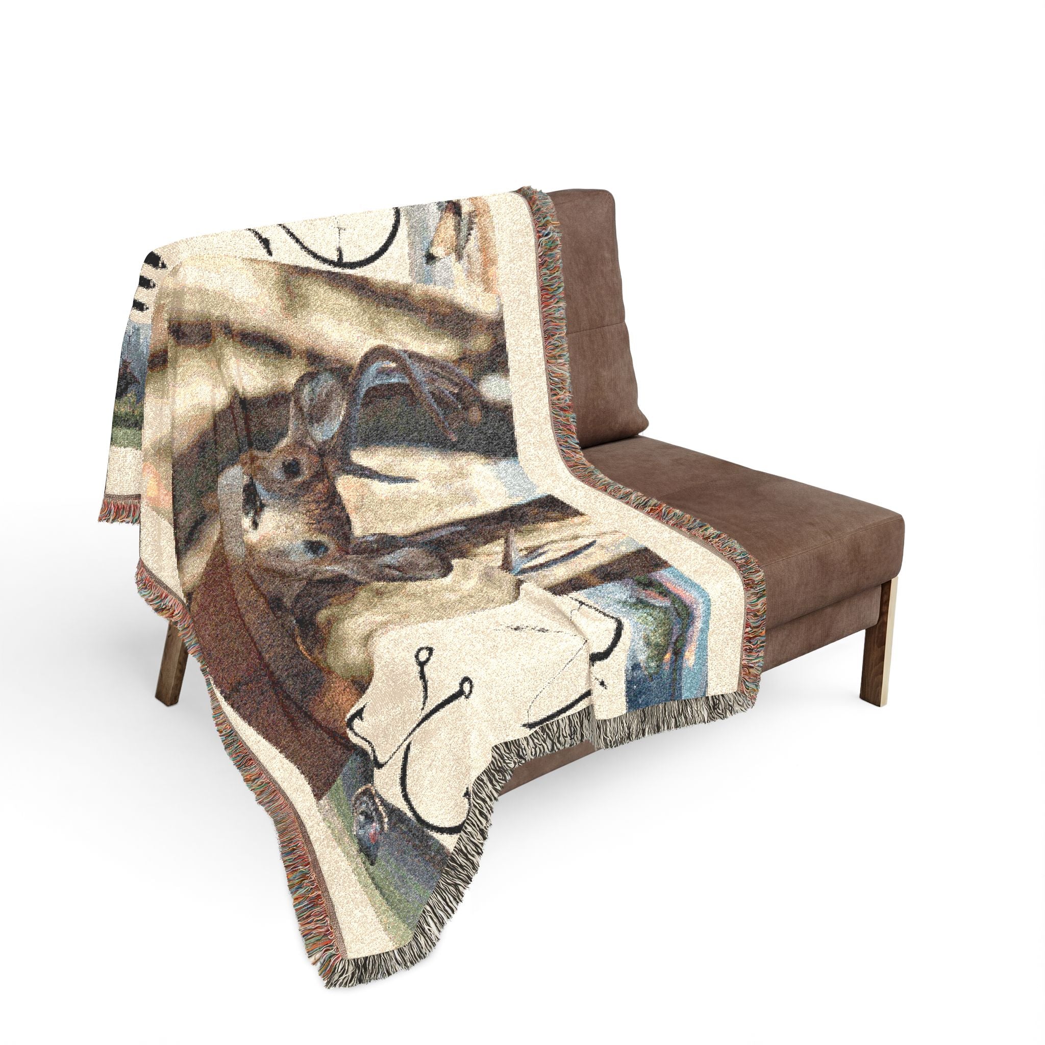 Deer hunting woven throw draped on chair with buck face and hunting symbol print