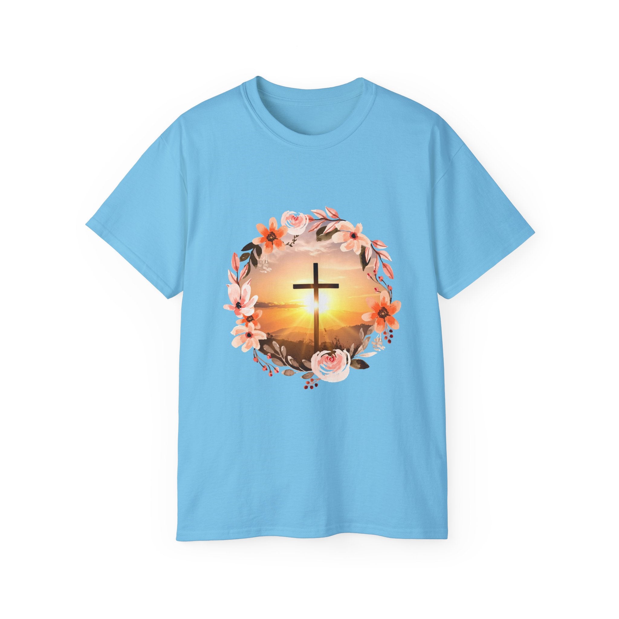 Light blue crew-neck T-shirt with floral wreath sunset and gold cross graphic