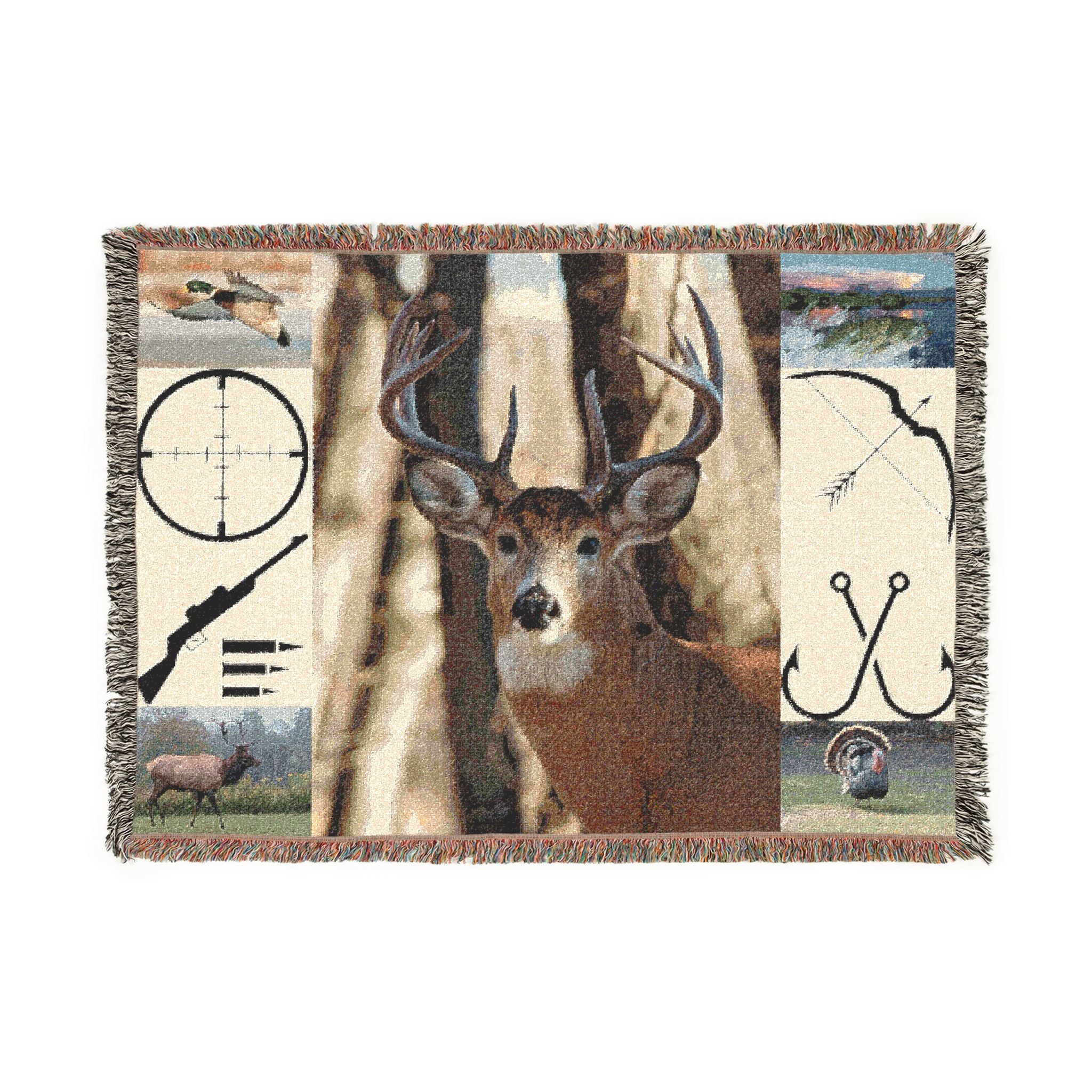 Woven deer hunting blanket with buck portrait and target icons, fringed edges