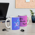 Purple gradient ceramic coffee mug with white interior, blue flower print, Coffee Hustle Repeat