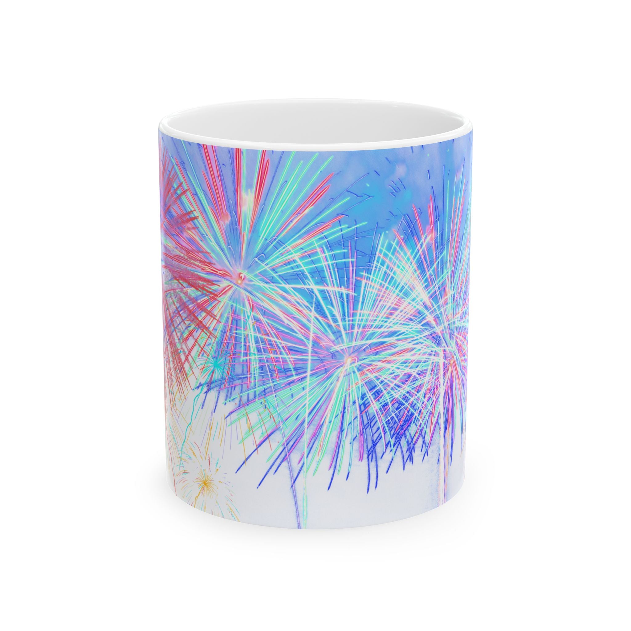 White ceramic mug with pastel fireworks graphic around the sides