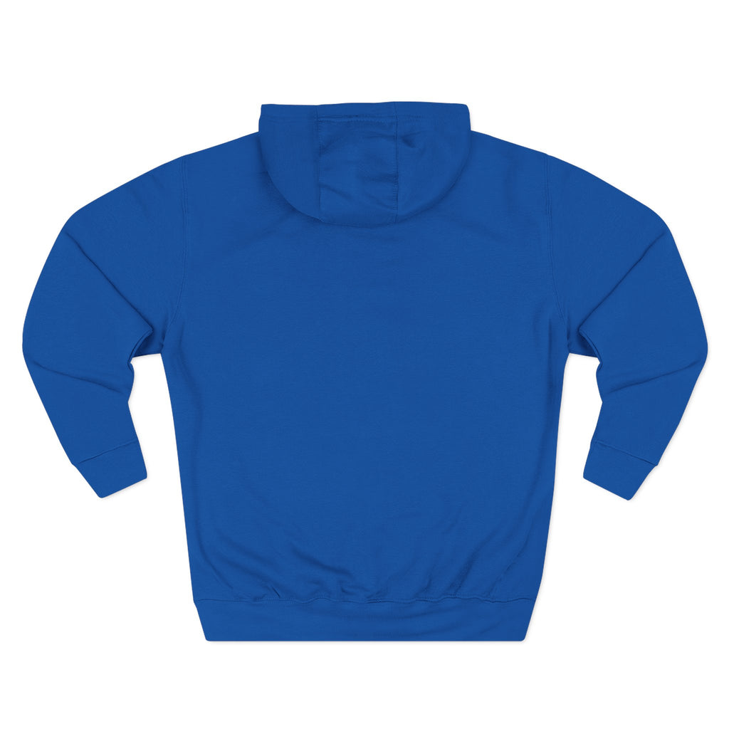 Royal blue pullover hoodie with hood and kangaroo pocket, plain back