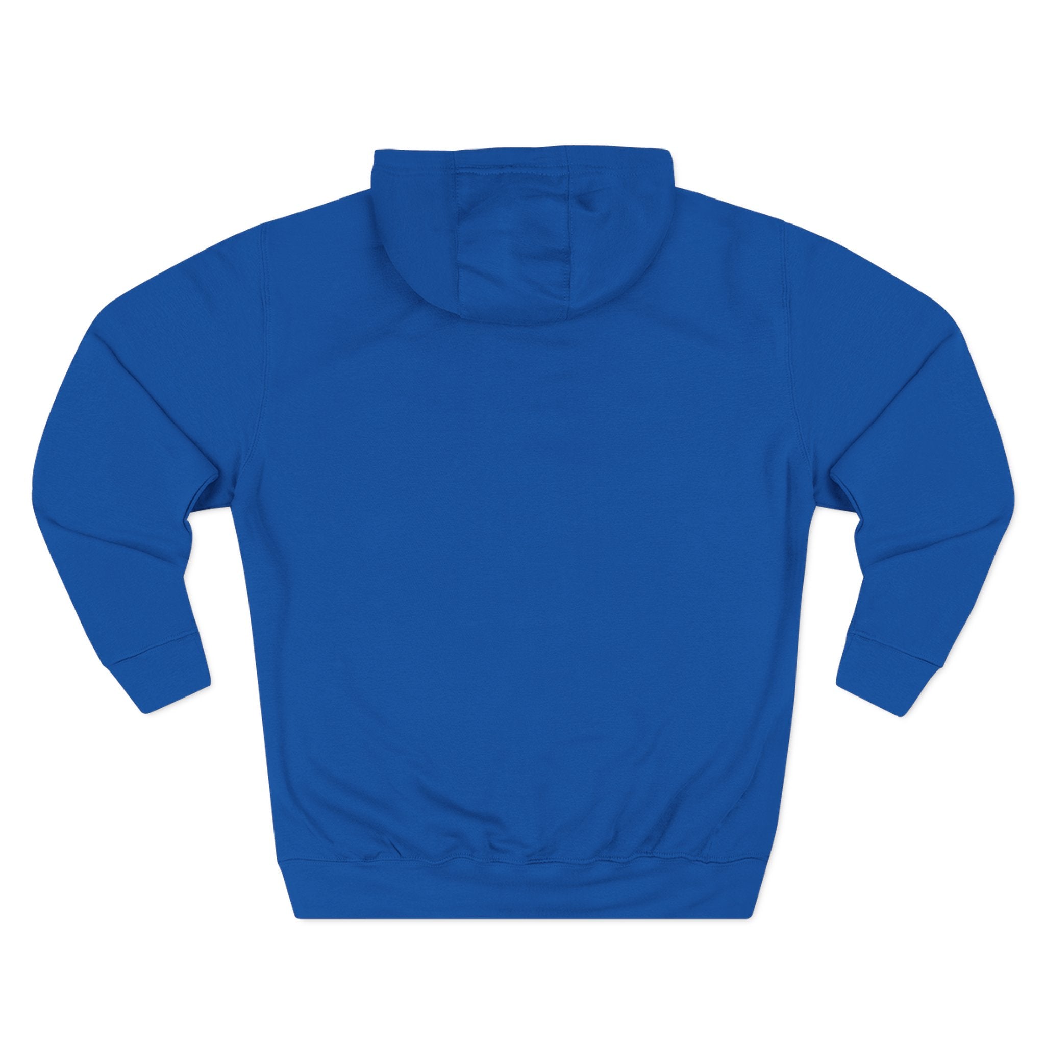 Royal blue pullover hoodie with hood and kangaroo pocket, plain back