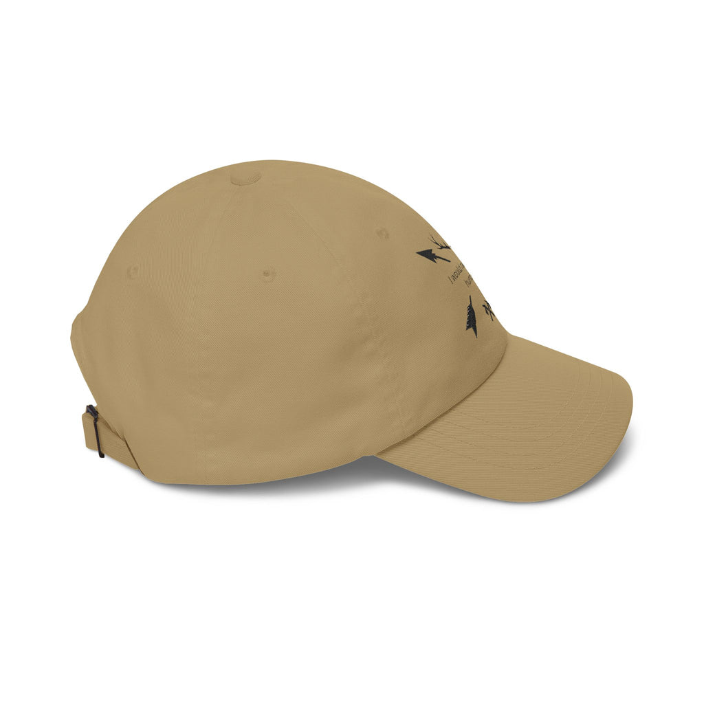 Tan dad cap with black arrow graphic on side, side view