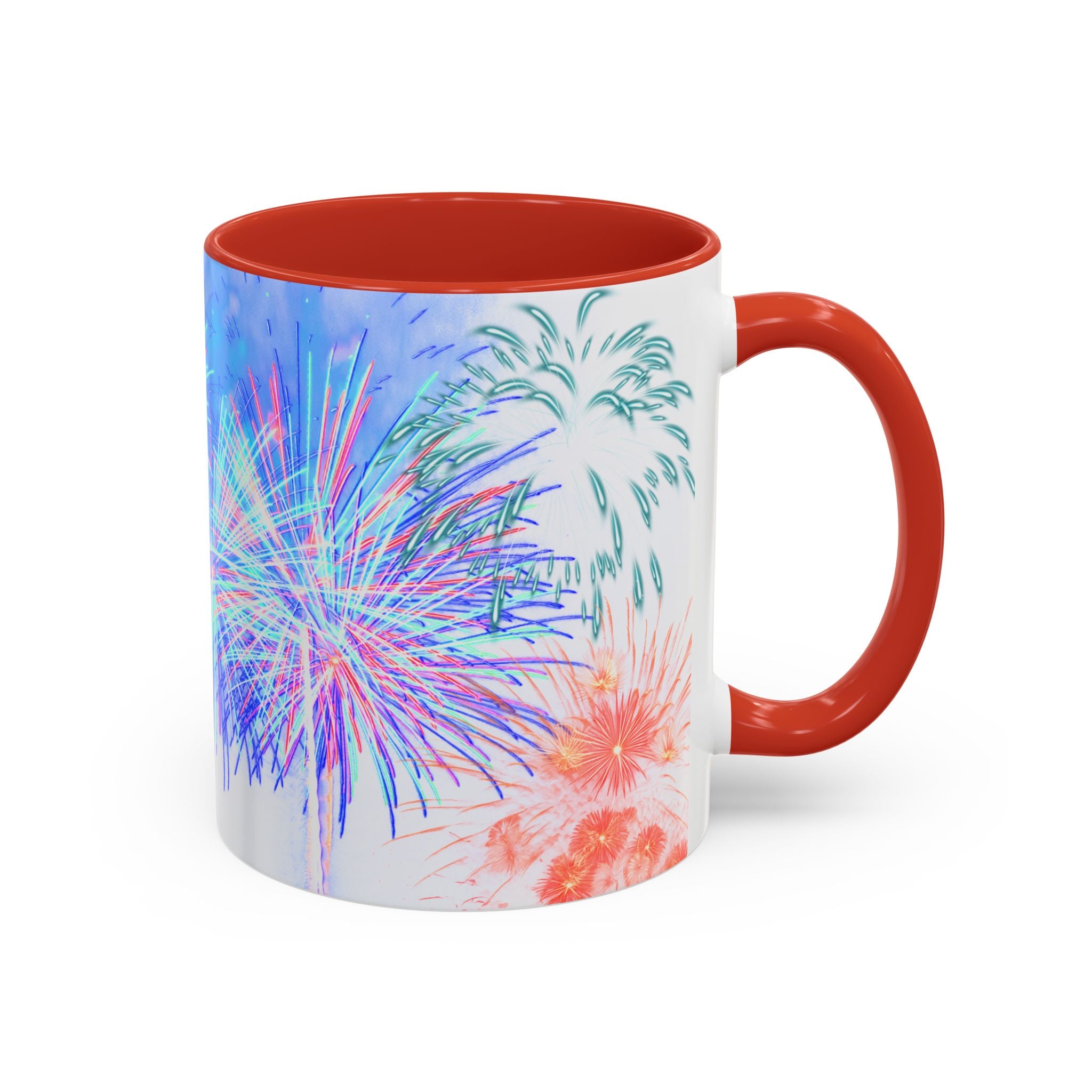 Ceramic coffee mug with orange handle, fireworks print, white body, orange interior