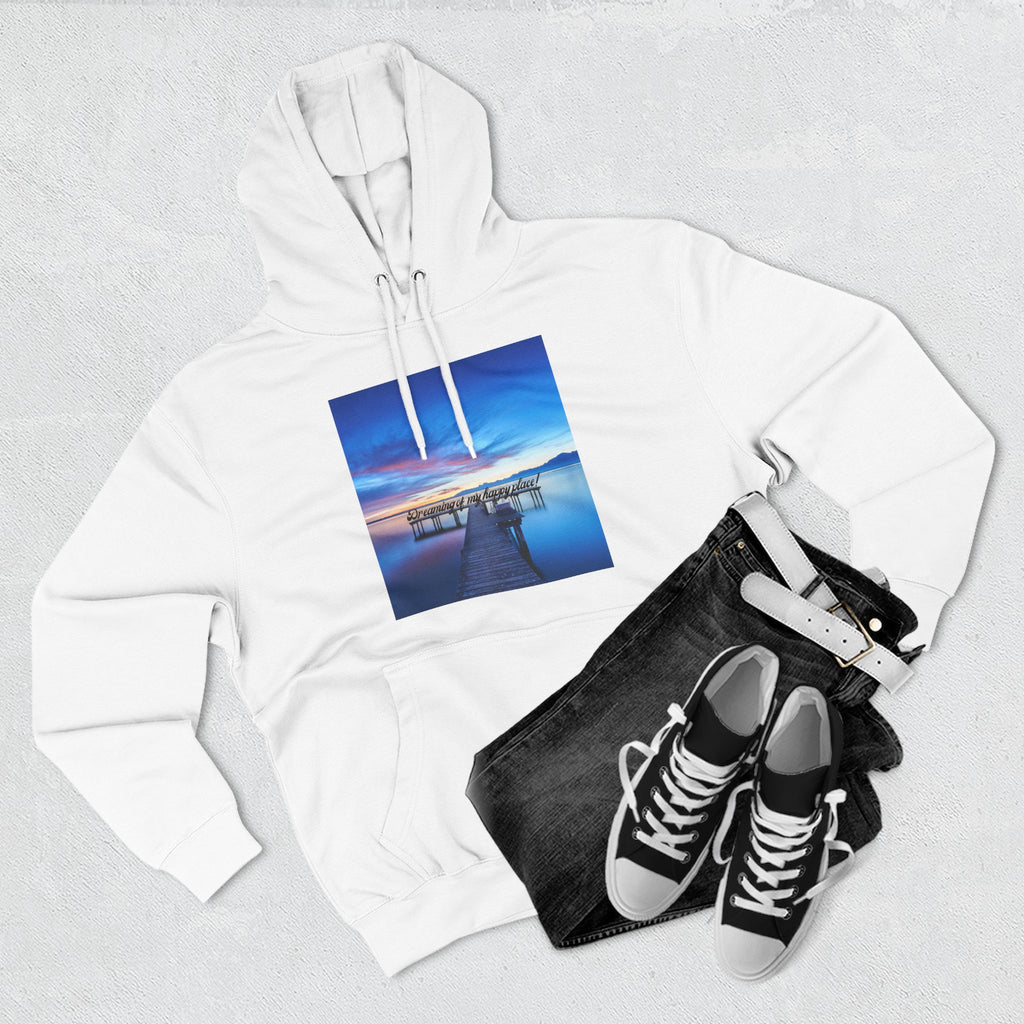 White pullover hoodie with front square scenic dock graphic and drawstring hood