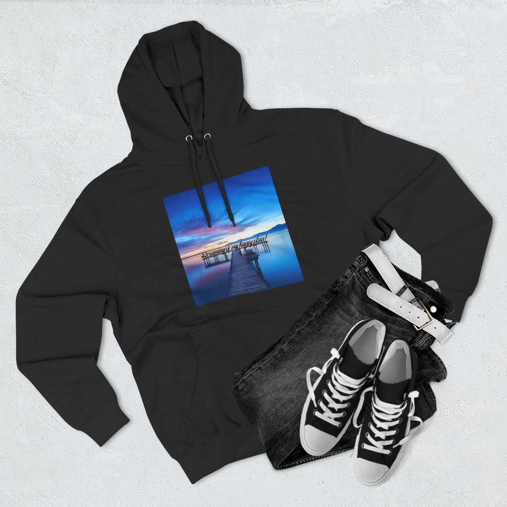 Black pullover hoodie with dock photo graphic on chest; drawstring hood and kangaroo pocket.