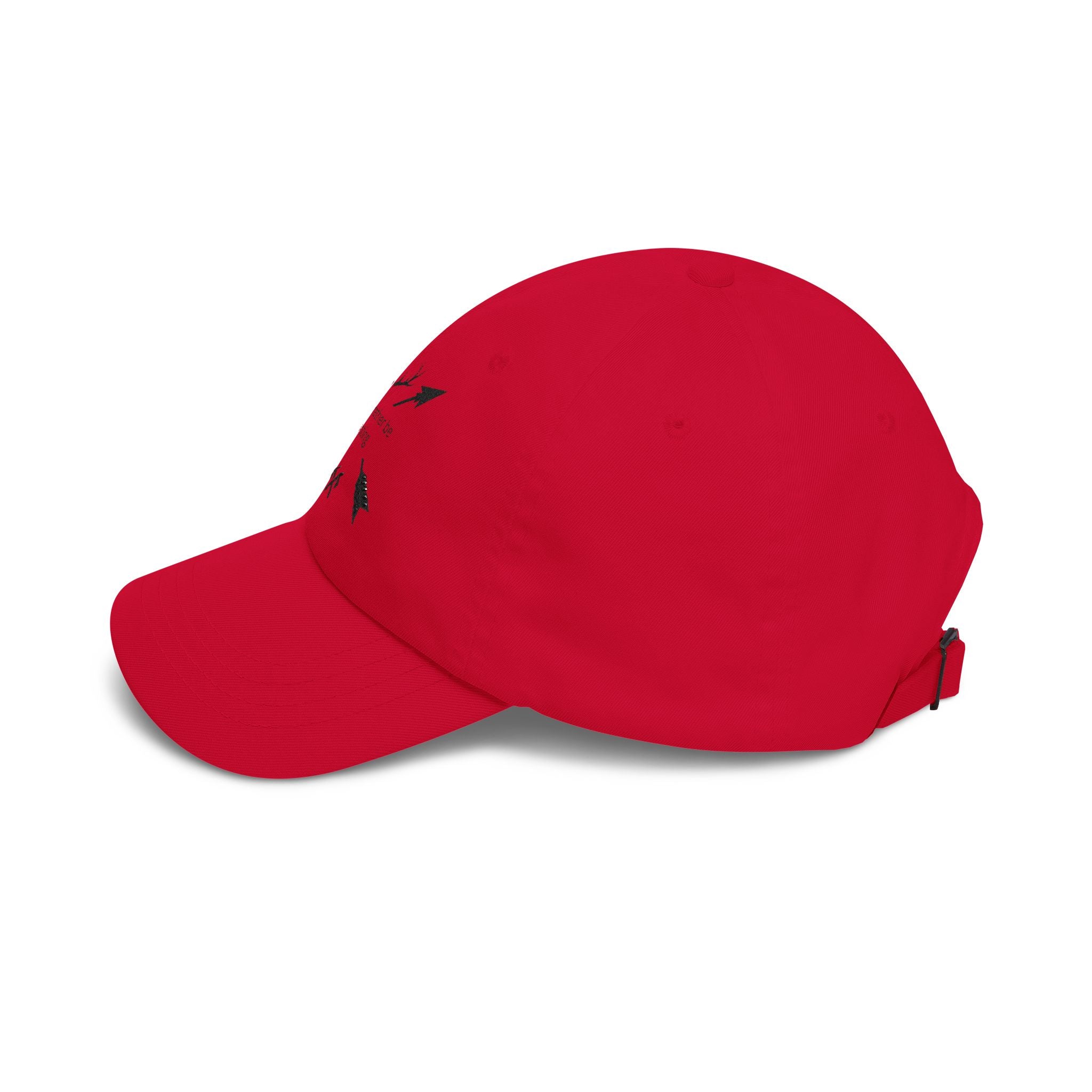 Red classic dad cap with curved brim and small arrow graphic detail