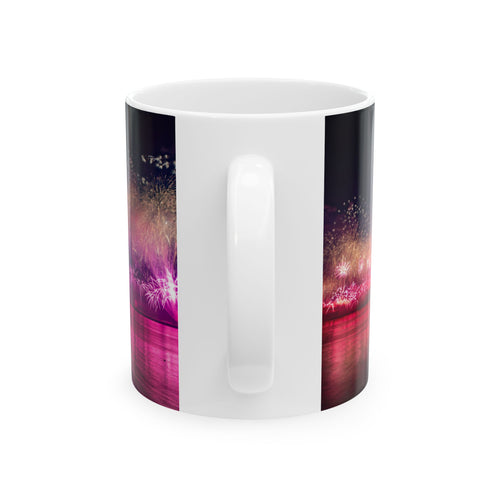 Ceramic mug with neon nightscape print and white center panel; glossy white interior