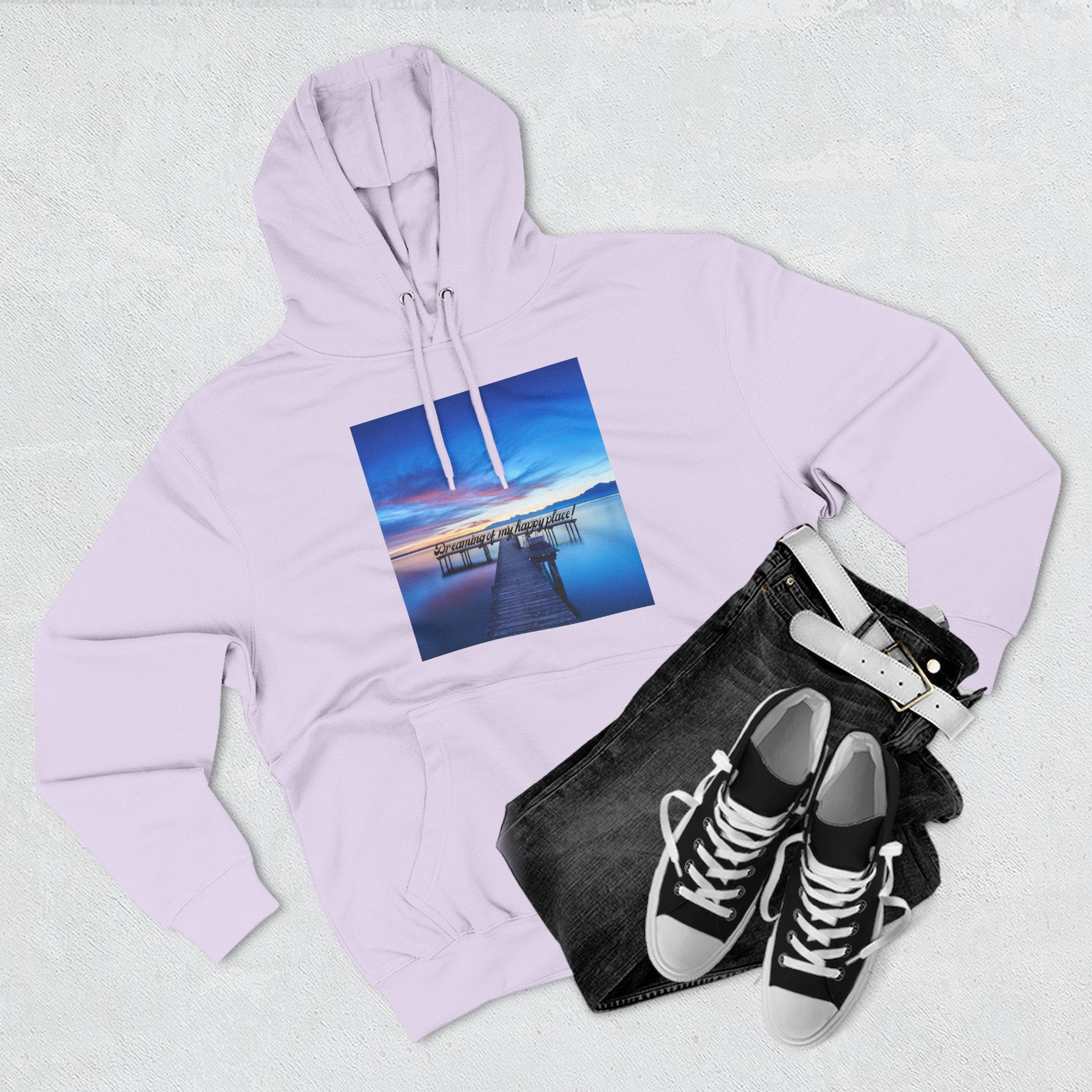 Light purple pullover hoodie with hood and front pocket, dock landscape graphic on chest