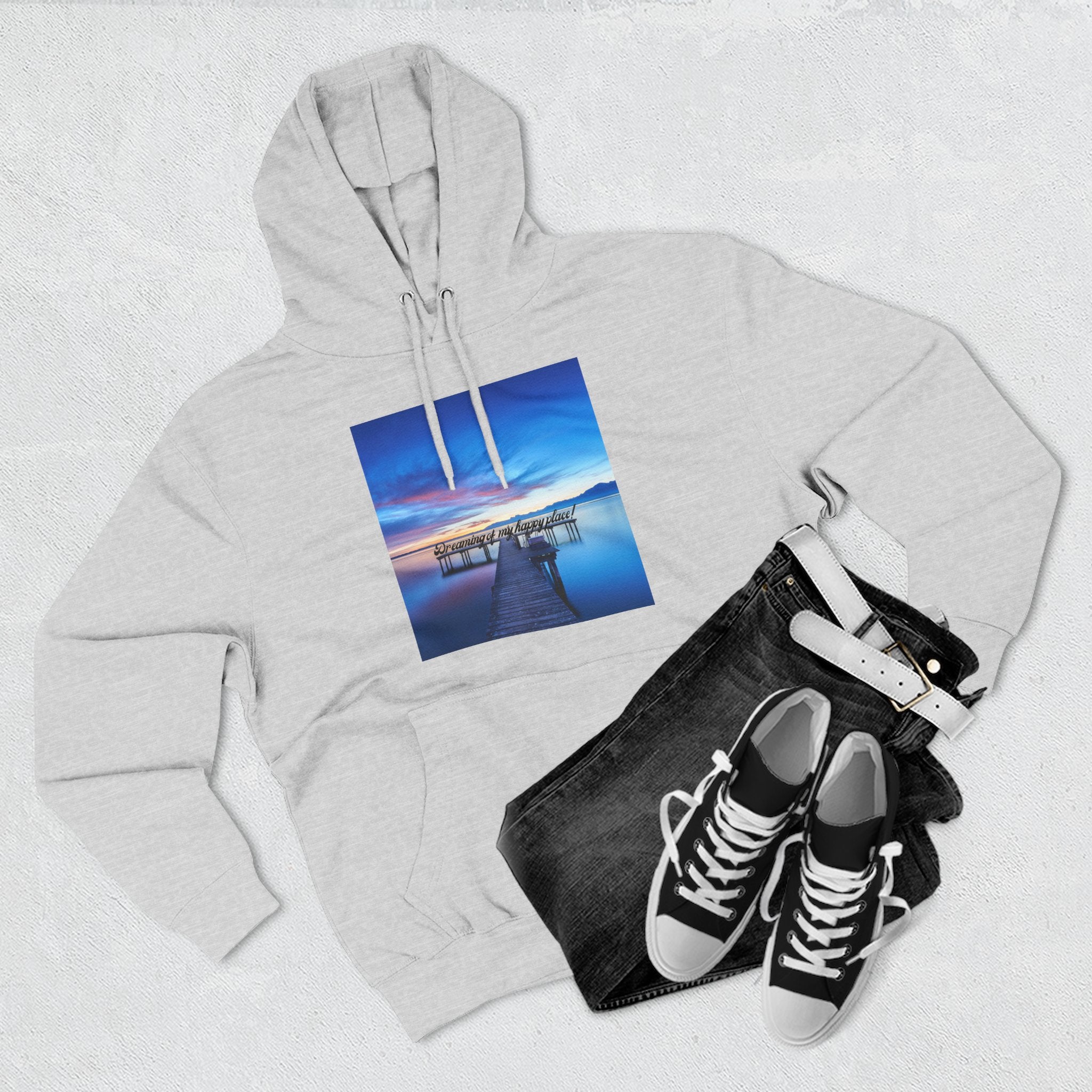 Heather grey pullover hoodie with front square scenic dock graphic and drawstring hood
