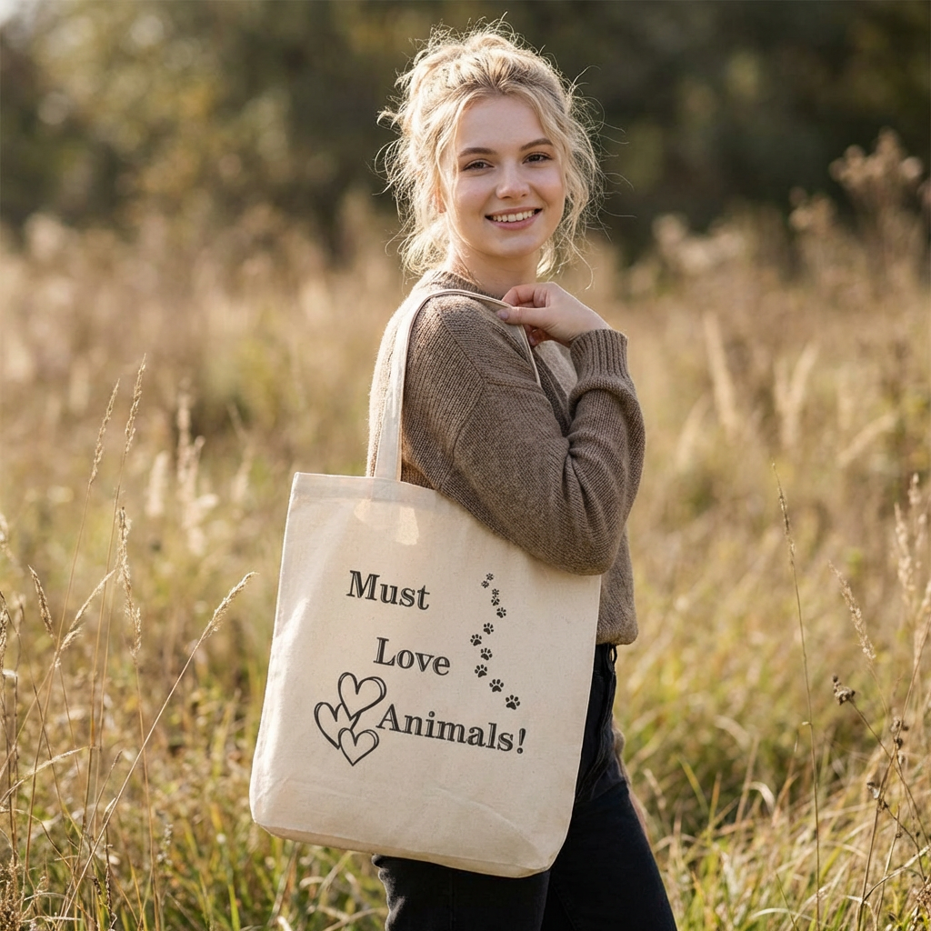 Natural canvas tote bag with "Must Love Animals!" heart and paw print graphic